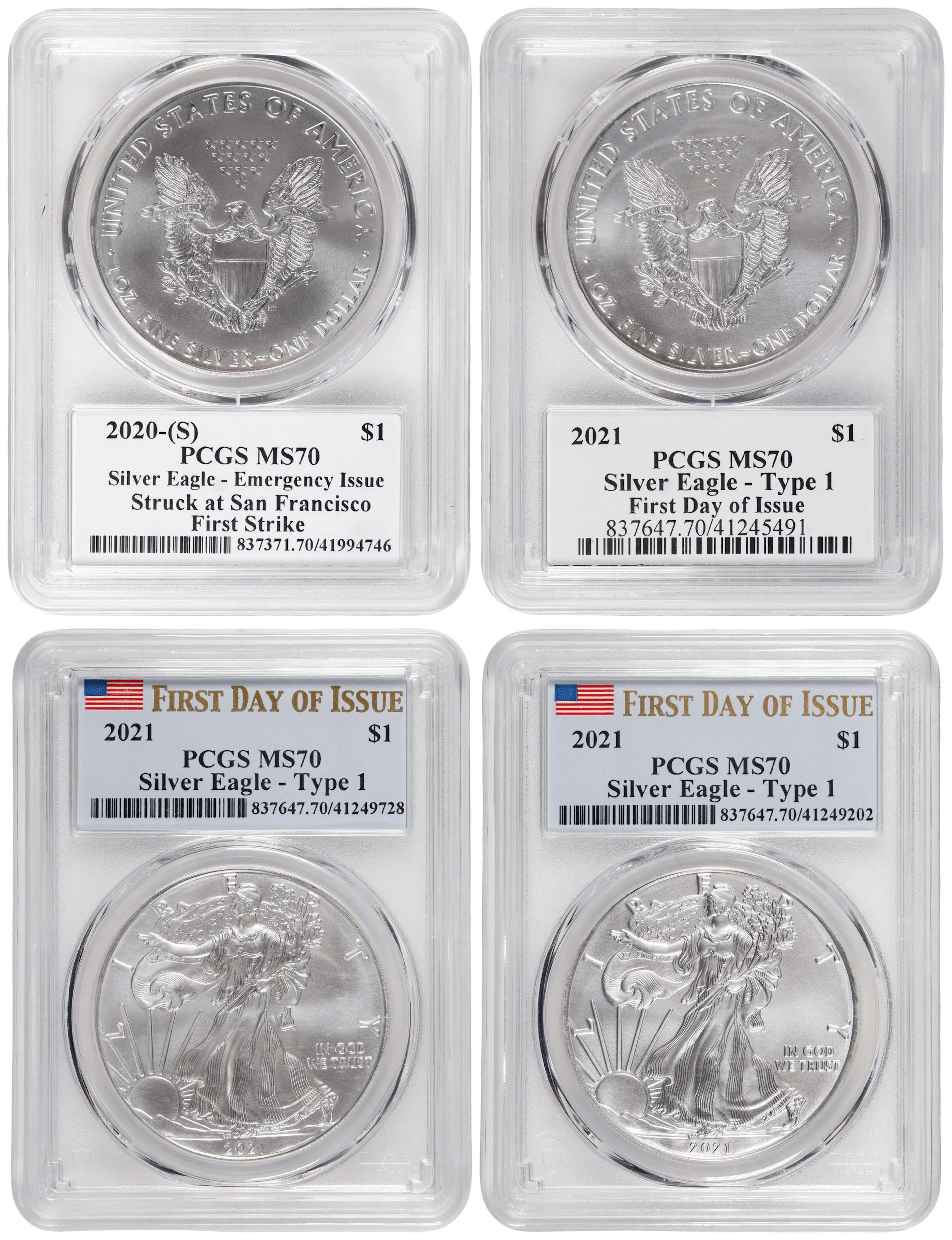Lot of (4) 2020s Silver Eagles. MS-70 (PCGS).