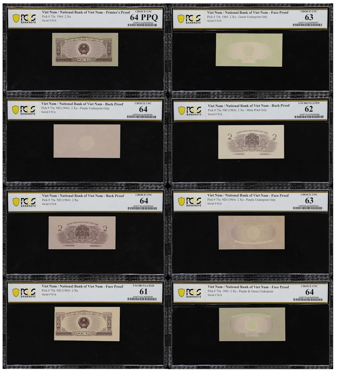 VIETNAM. Lot of (8). National Bank of Vietnam. 2 Xu, 1964 & ND (1964).