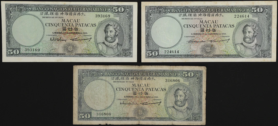 MACAU (SAR). Lot of (3). Banco Nacional Ultramarino. 50 Patacas, 20.11.1958.