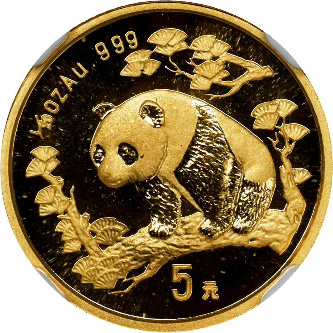 (t) CHINA. Gold 5 Yuan, 1997. Panda Series. NGC MS-68.