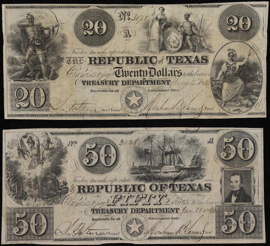 Lot of (2) Austin, Texas. Republic of Texas. 1839 - 41 $20 & $50. Very Fine.