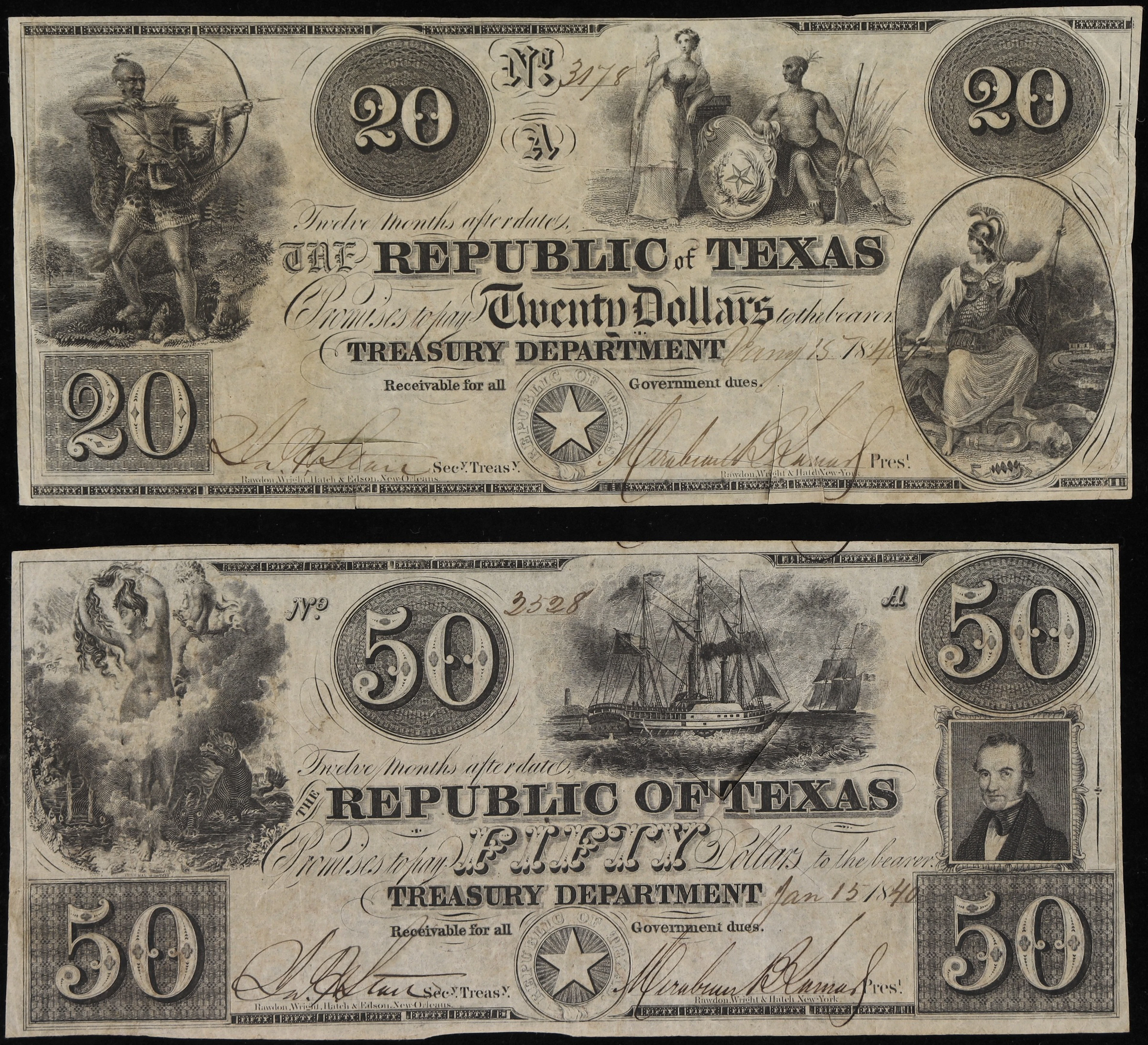 Lot of (2) Austin, Texas. Republic of Texas. 1839 - 41 $20 & $50. Very Fine.