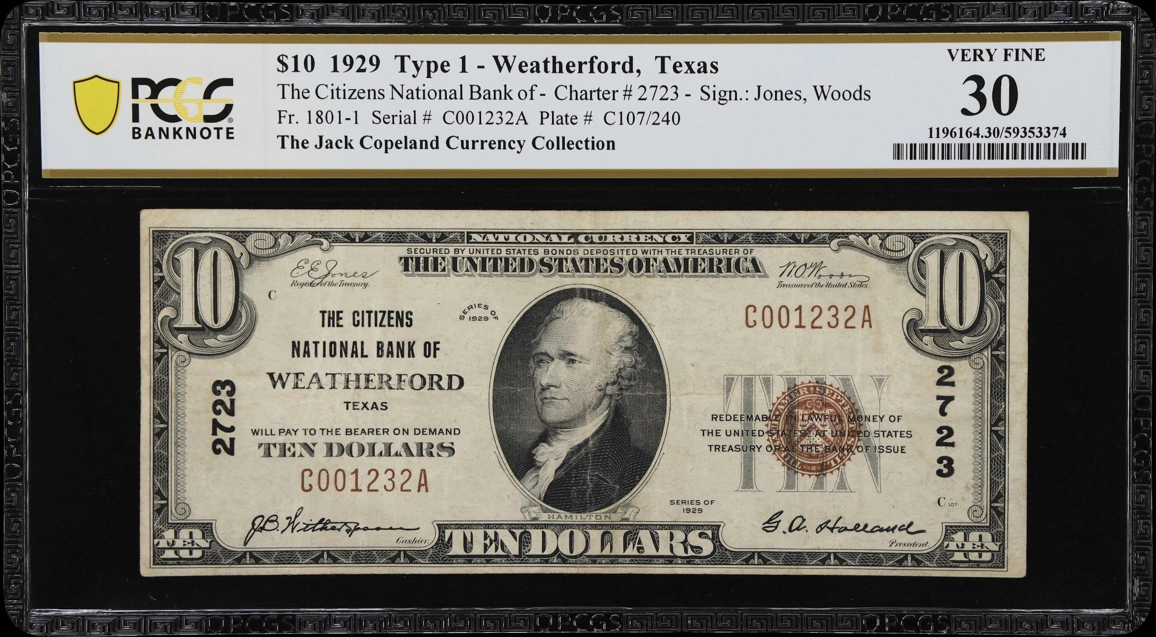Weatherford, Texas. $10 1929 Ty. 1. Fr. 1801-1. Citizens NB. Charter