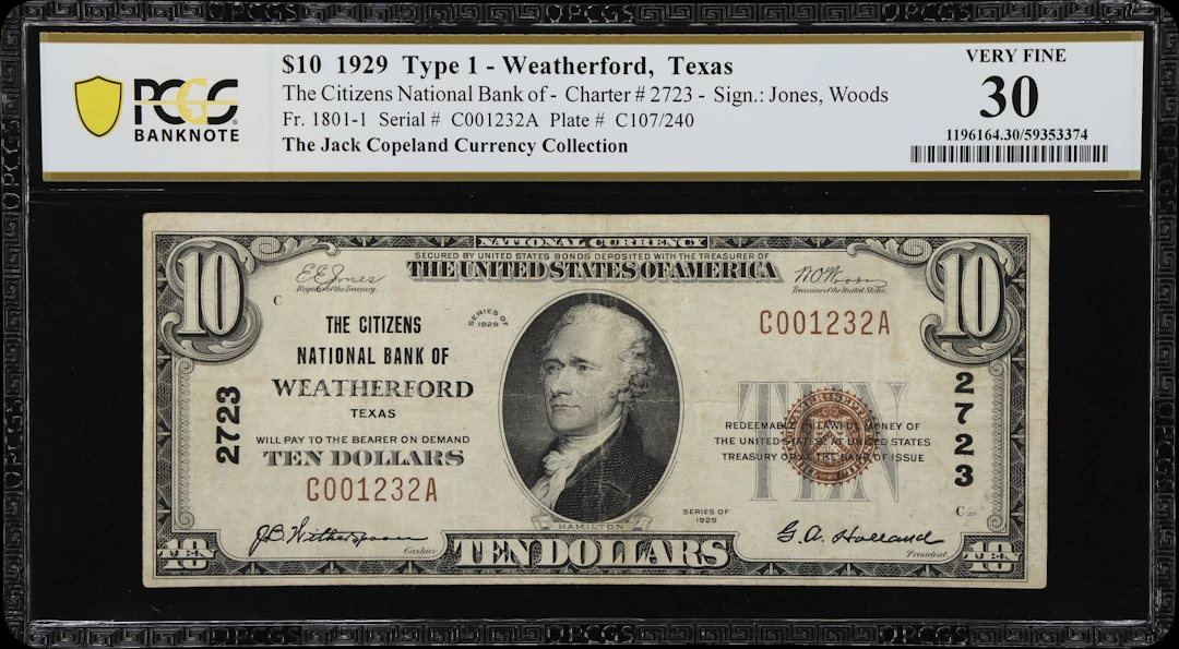 Weatherford, Texas. $10 1929 Ty. 1. Fr. 1801-1. Citizens NB. Charter