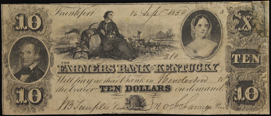 Frankfort, Kentucky. Farmers Bank of Kentucky. 1850 $10. Fine.