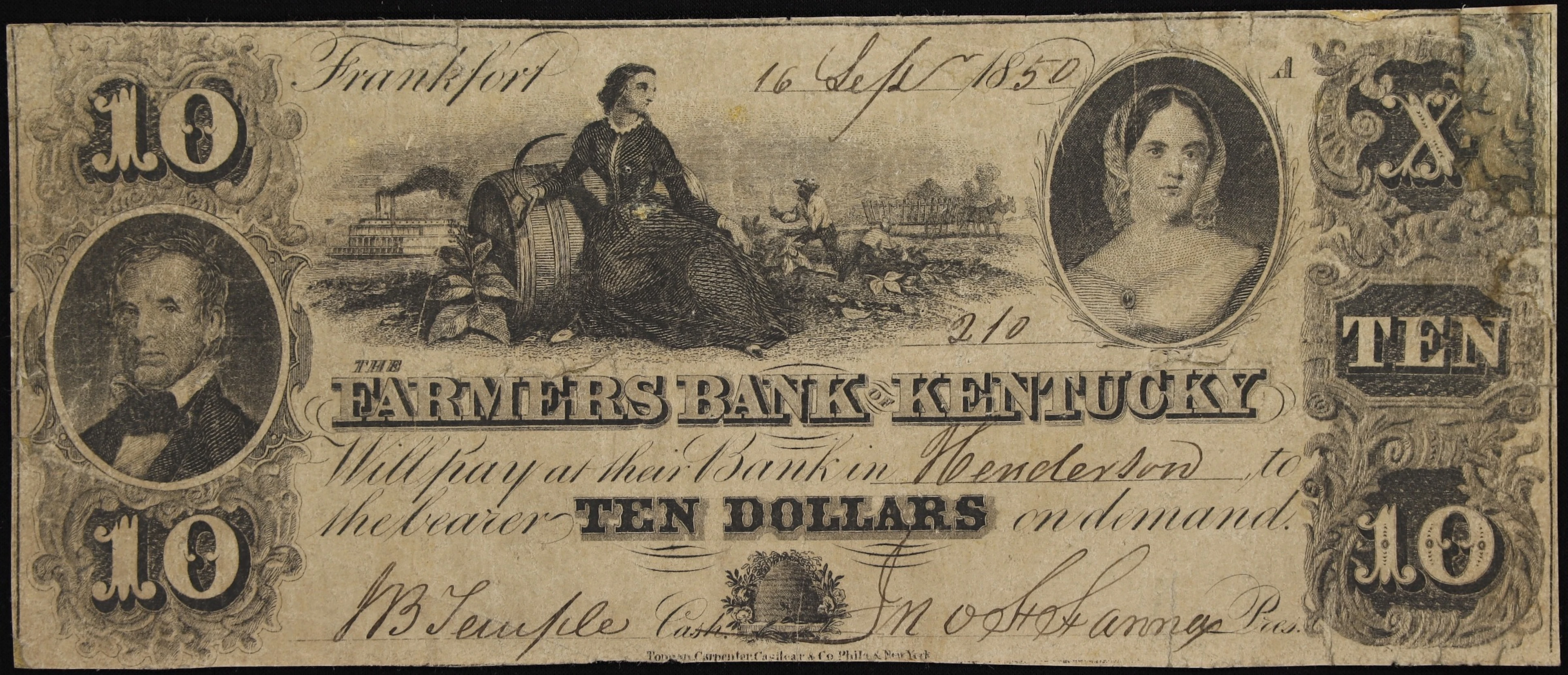 Frankfort, Kentucky. Farmers Bank of Kentucky. 1850 $10. Fine.