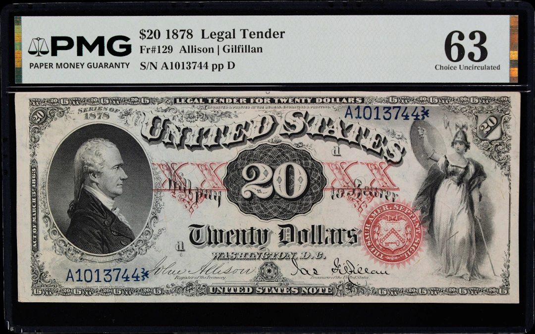 Fr. 129. 1878 $20 Legal Tender Note. PMG Choice Uncirculated 63.