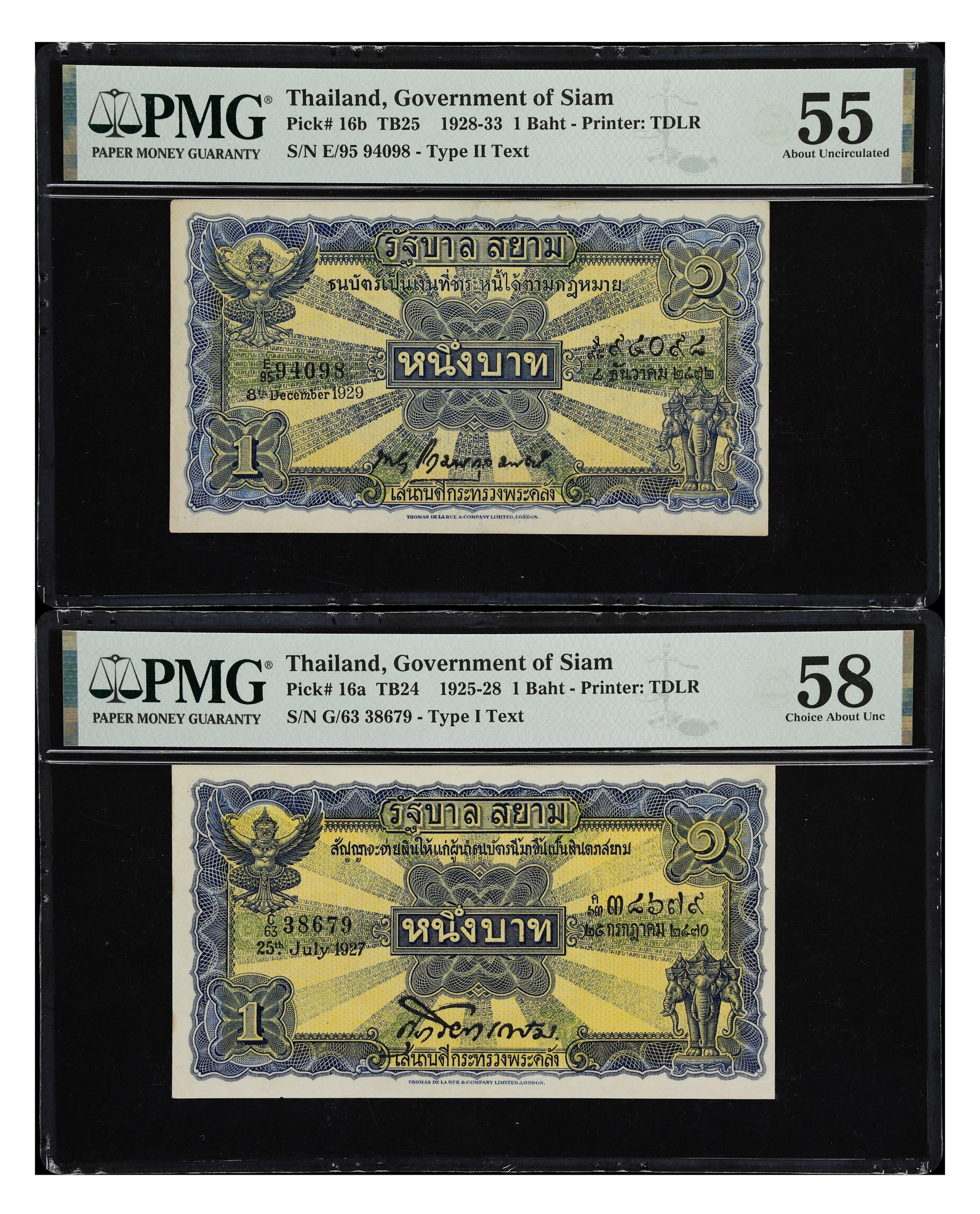 THAILAND. Lot of (2). Government of Siam. 1 Baht, 1927-29. P-16a &