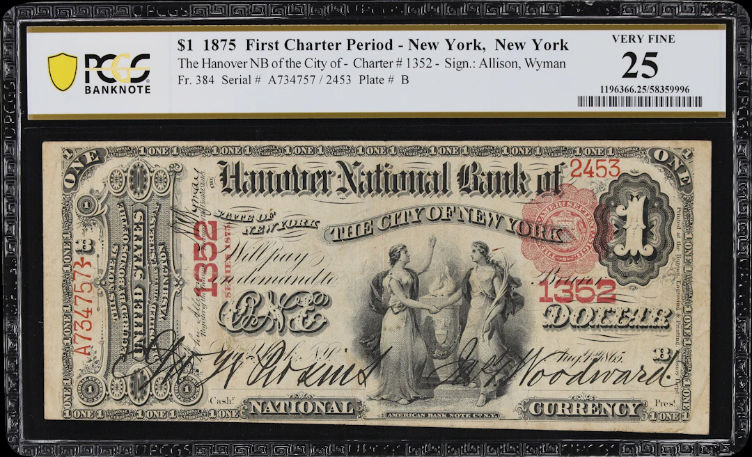 New York, New York. 1875 $1 Fr. 384. Hanover NB. Charter #1352. PCGS
