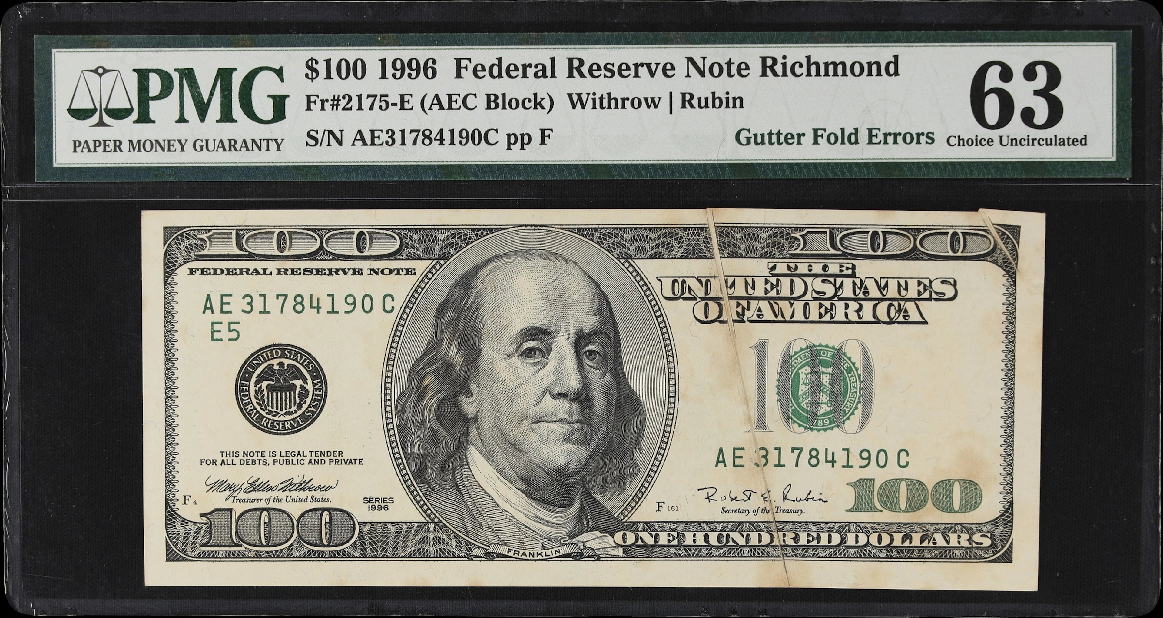 UNITED STATES. Fr. 2175-E. 1996 100 Dollars. Federal Reserve Note.