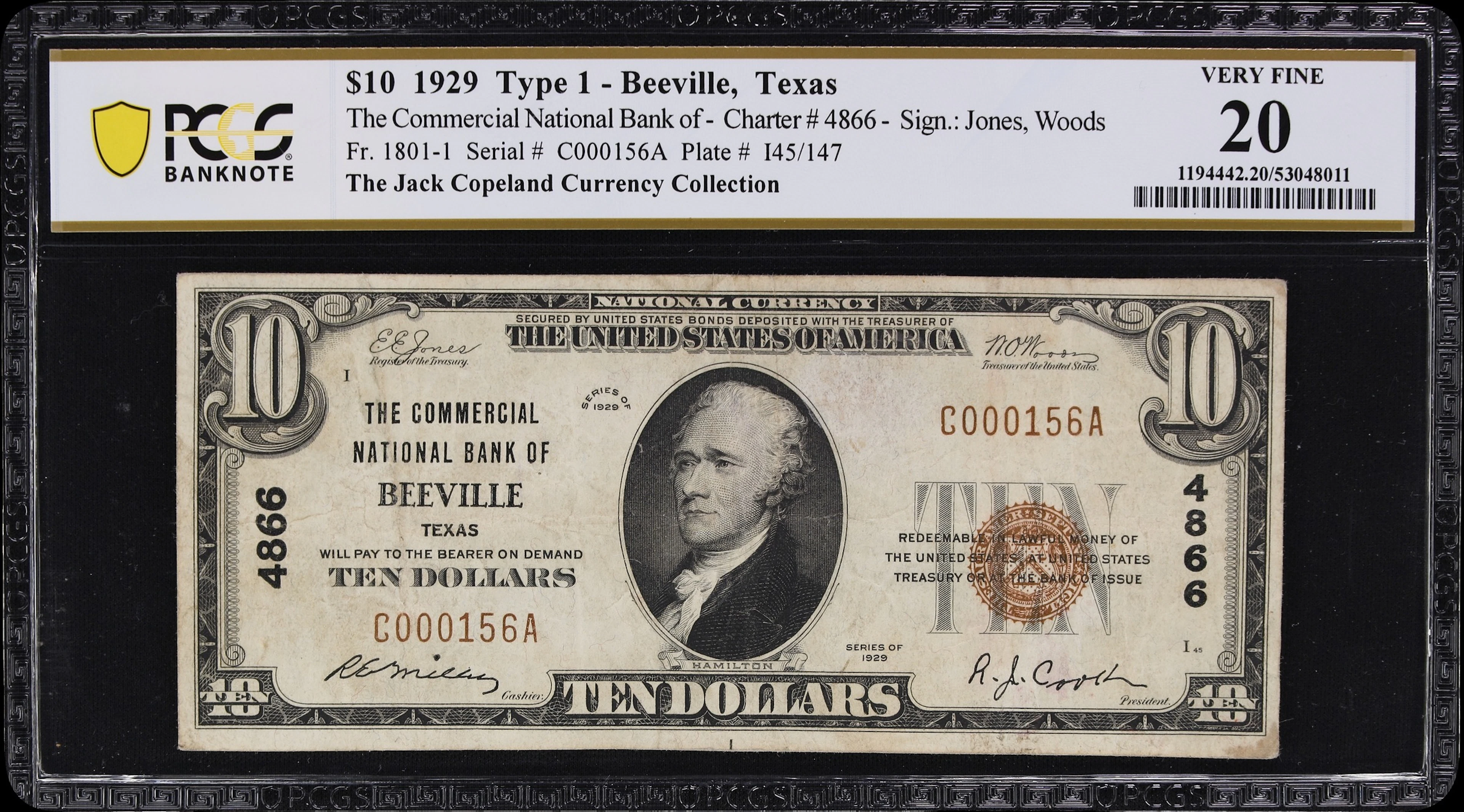 Beeville, Texas. $10 1929 Ty. 1. Fr. 1801-1. Commercial NB. Charter
