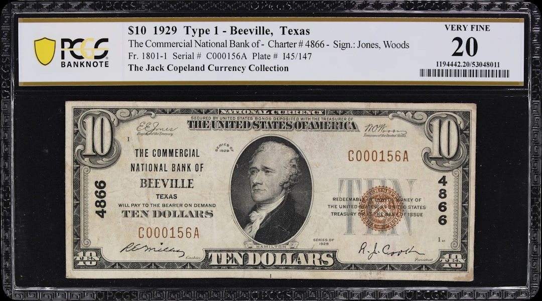 Beeville, Texas. $10 1929 Ty. 1. Fr. 1801-1. Commercial NB. Charter