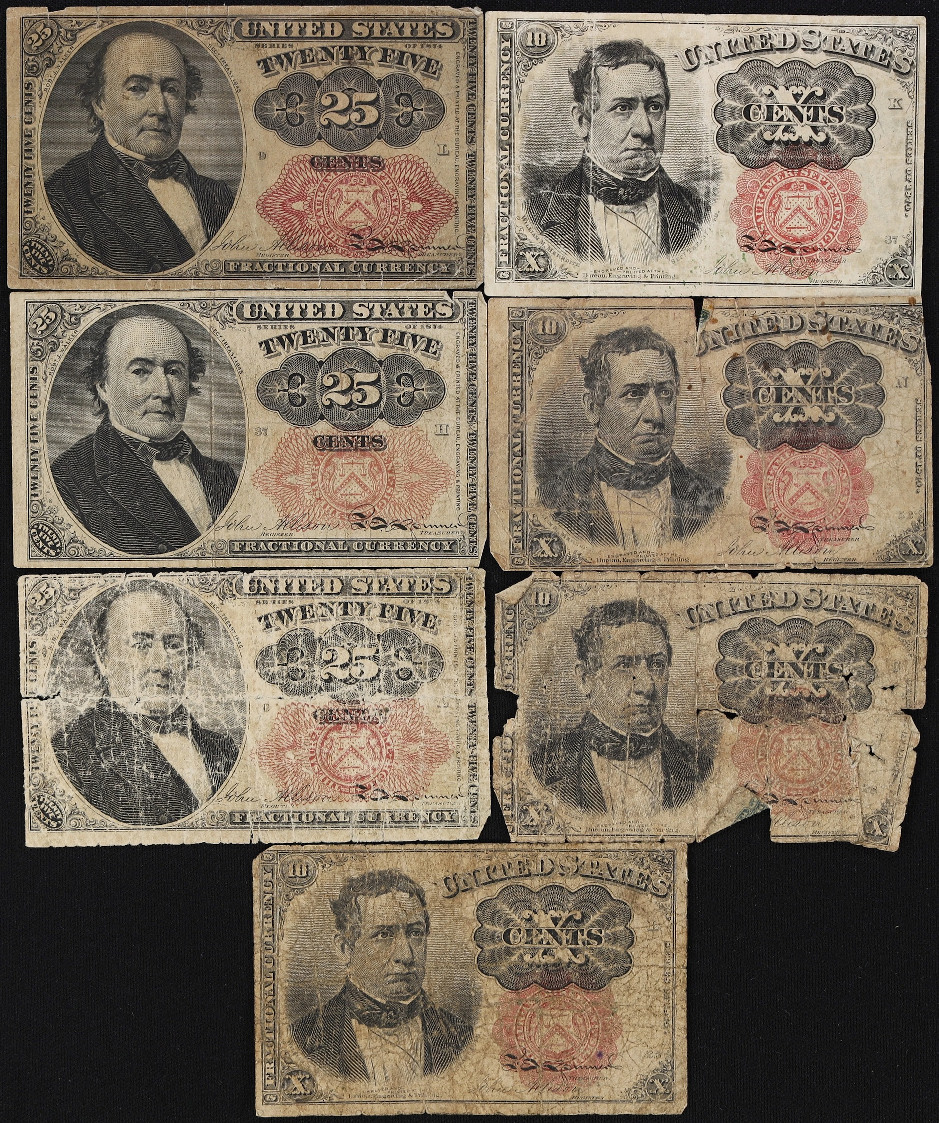 Lot of (7) Mixed Friedbergs. 10 Cents & 25 Cents. Fifth Issue. Very
