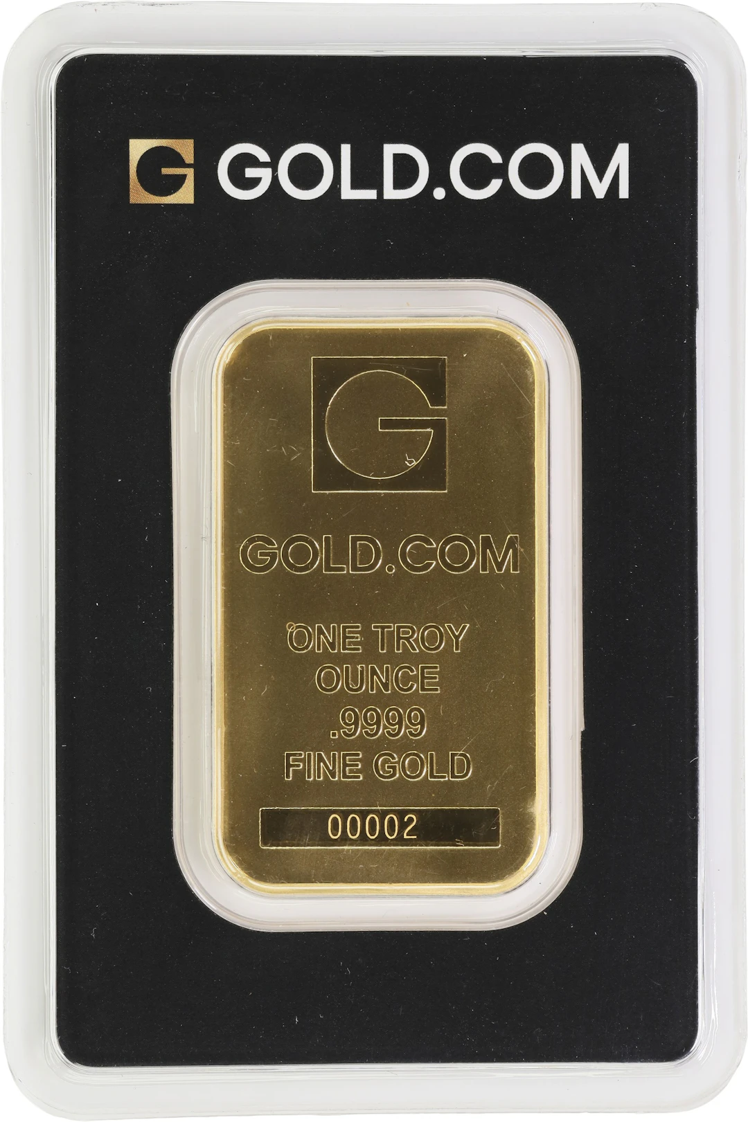 (1 oz, 31.104 g AGW). GOLD.com 1 oz Gold Bar. Serial No. 00002.