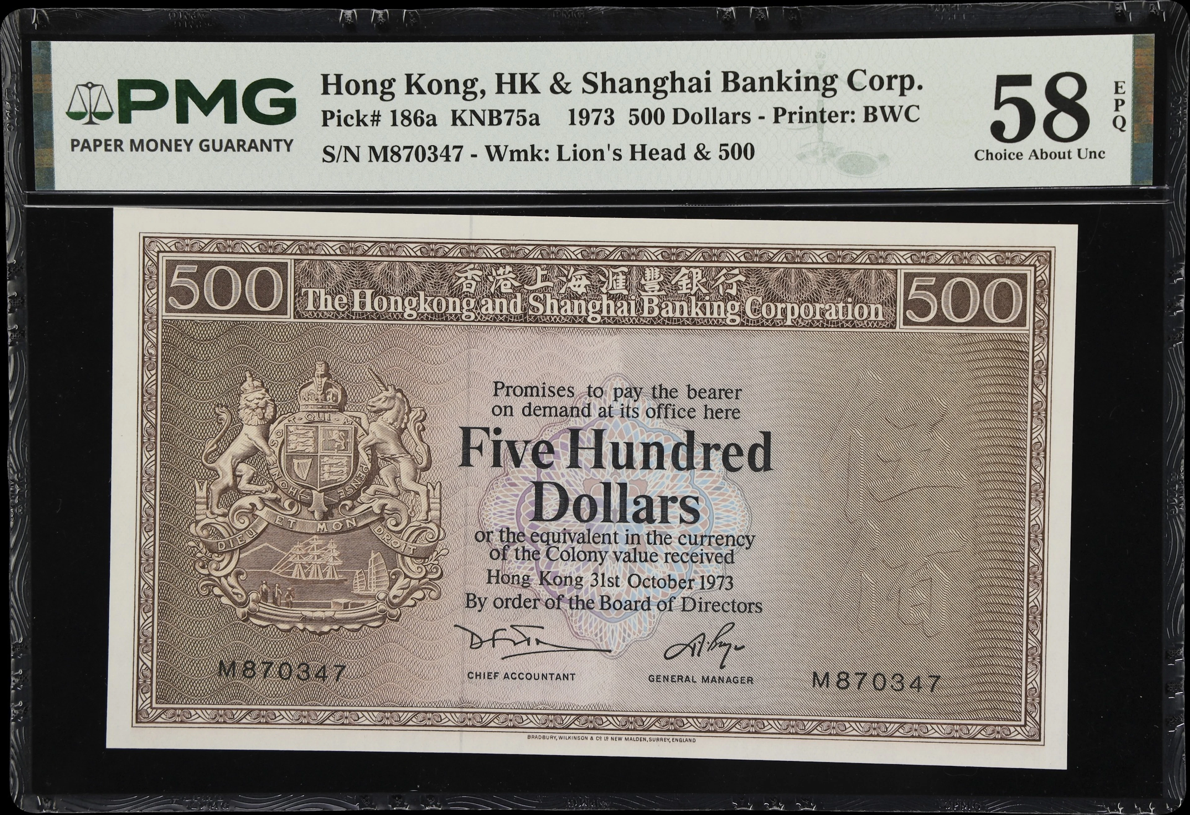 HONG KONG (SAR). Hong Kong & Shanghai Banking Corporation. 500 Dollars