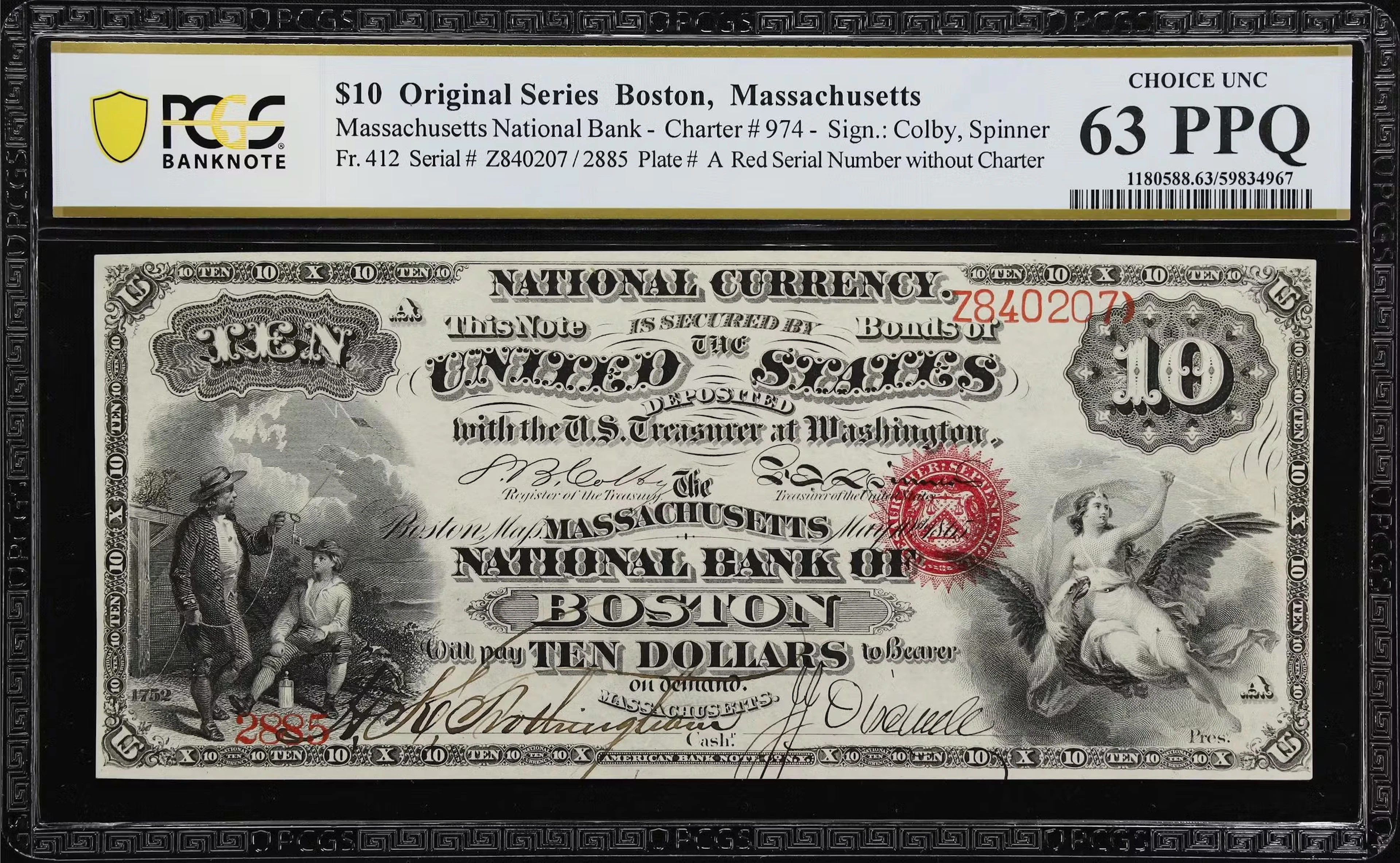 Boston, Massachusetts. $10 Original. Fr. 412. Massachusetts NB. Charter