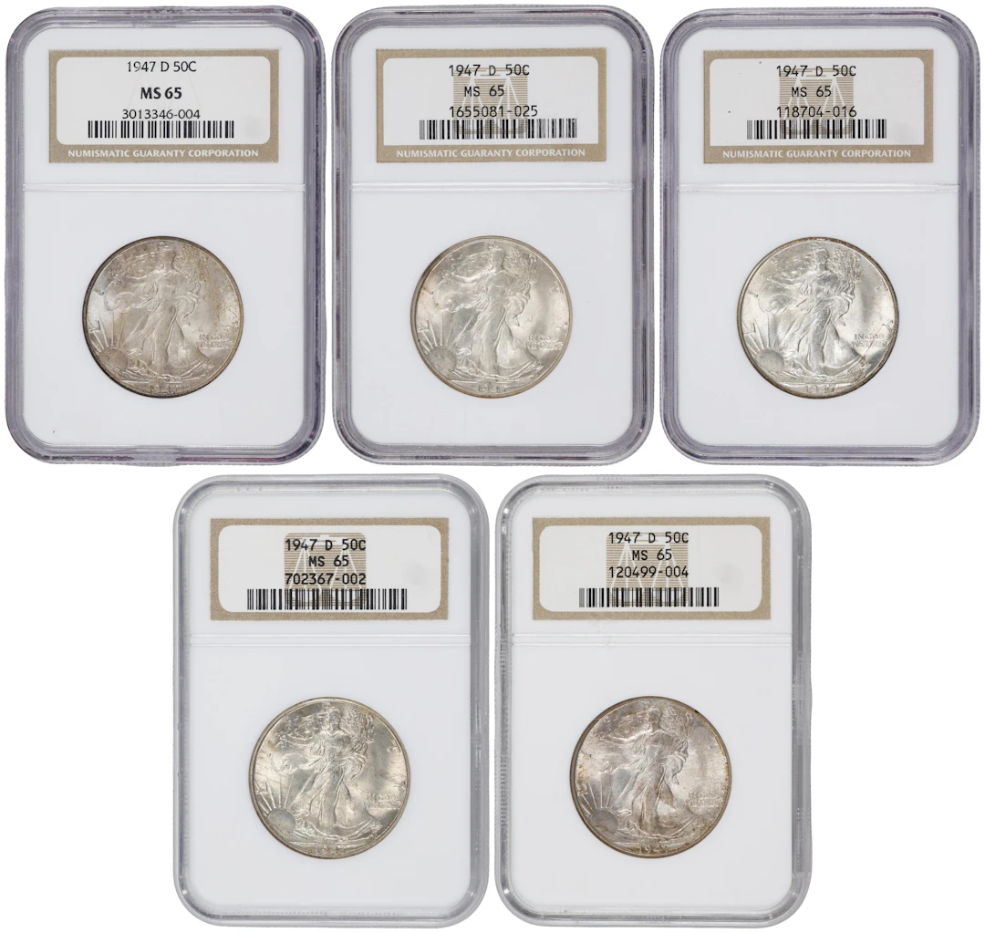 Lot of (5) 1947-D Walking Liberty Half Dollars. MS-65 (NGC).