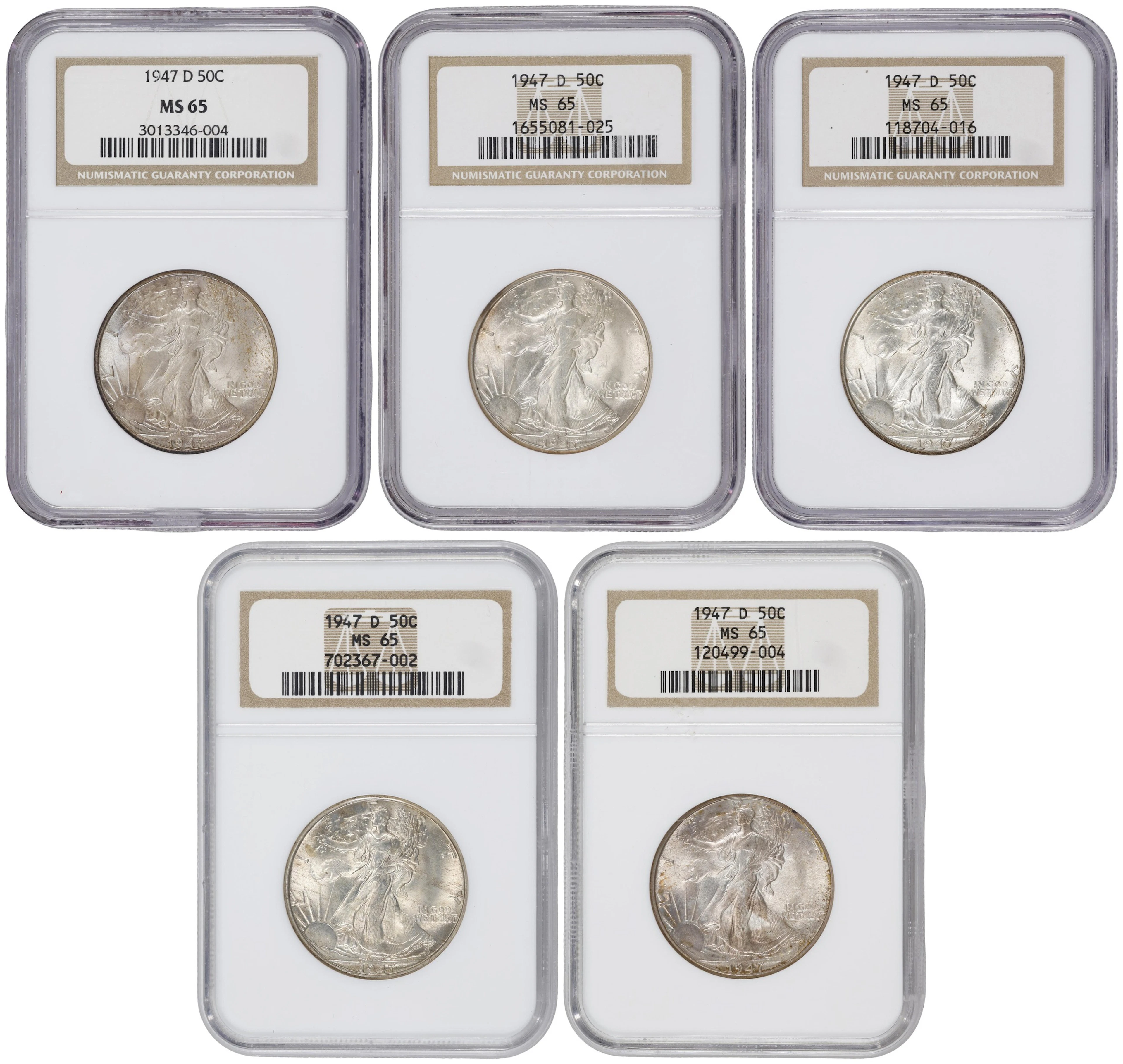 Lot of (5) 1947-D Walking Liberty Half Dollars. MS-65 (NGC).