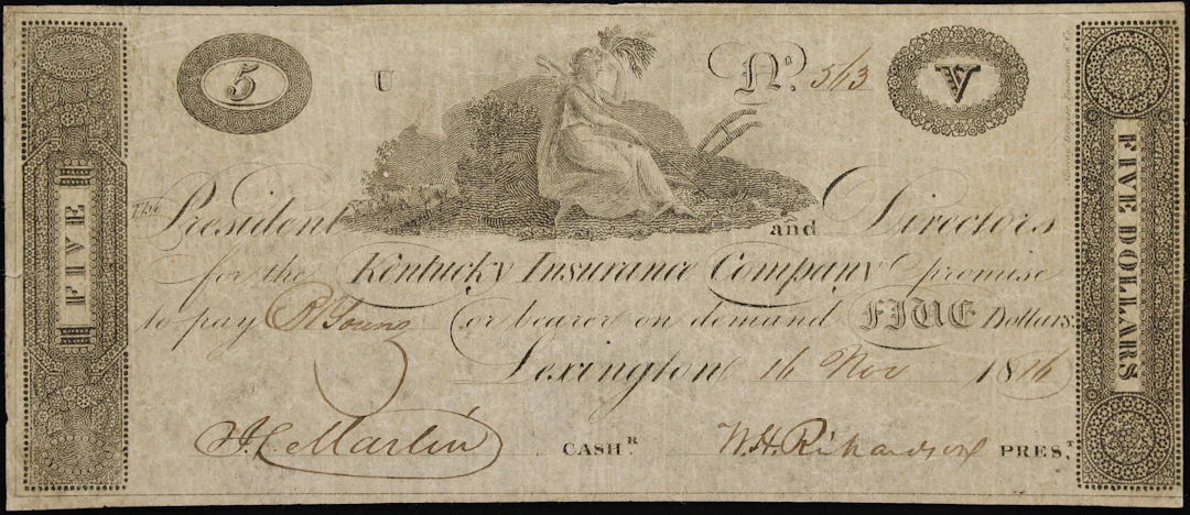 Lexington, Kentucky. Kentucky Insurance Company. 1816 $5. Very Fine.
