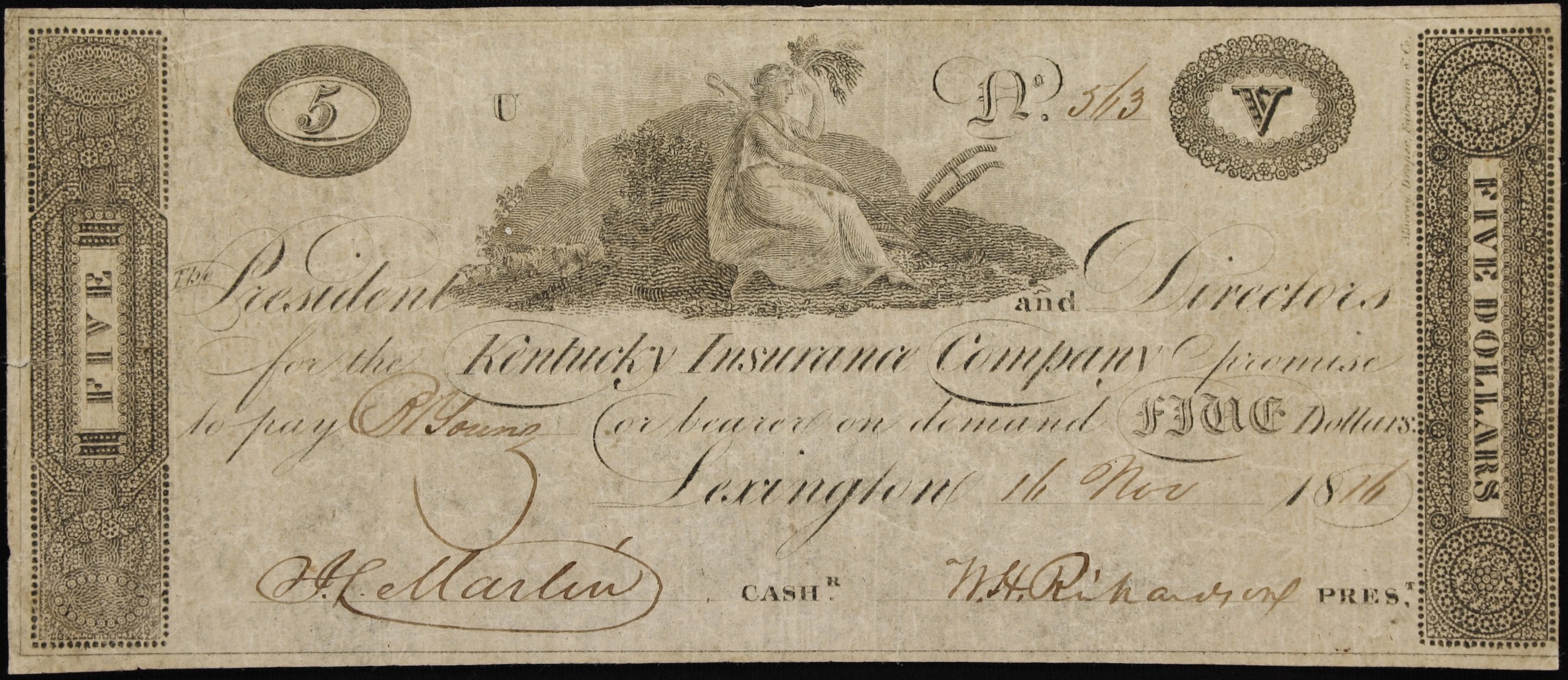 Lexington, Kentucky. Kentucky Insurance Company. 1816 $5. Very Fine.