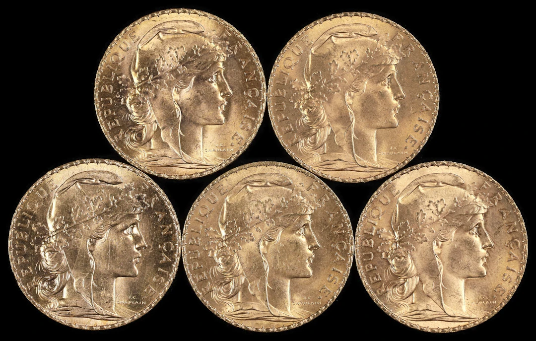 (0.935 oz, 29.082 g AGW). France. Lot of (5) Mixed Date Gold 20 Francs.