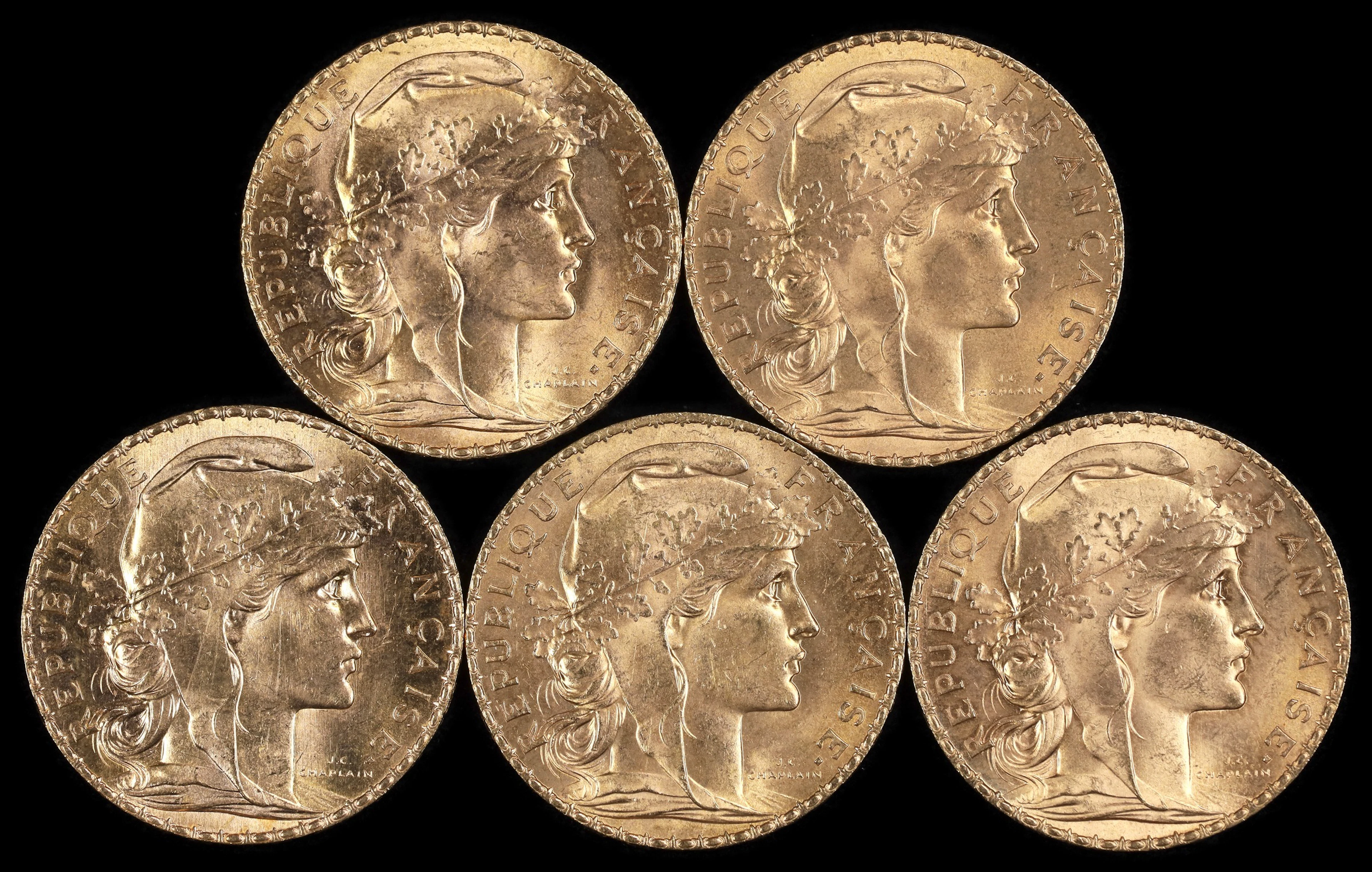 (0.935 oz, 29.082 g AGW). France. Lot of (5) Mixed Date Gold 20 Francs.