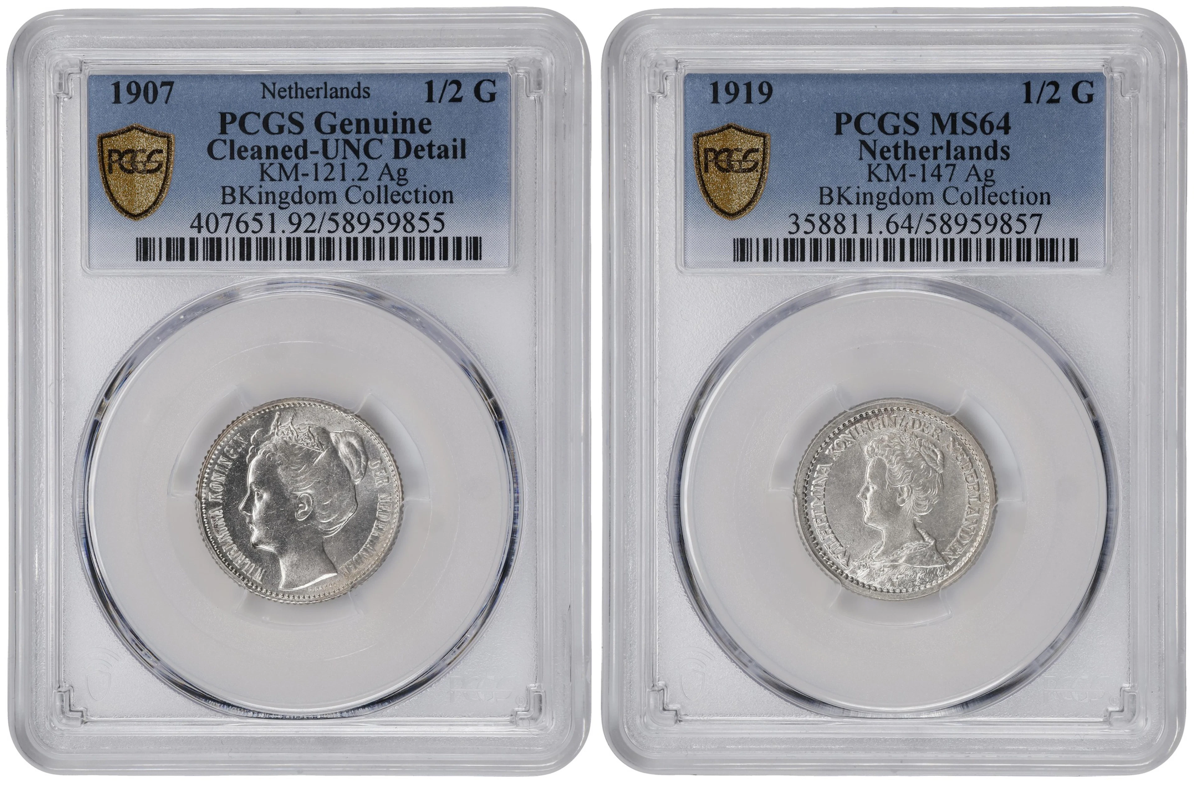 NETHERLANDS. Duo of 1/2 Gulden (2 Pieces), 1907 & 1919. Utrecht Mint.