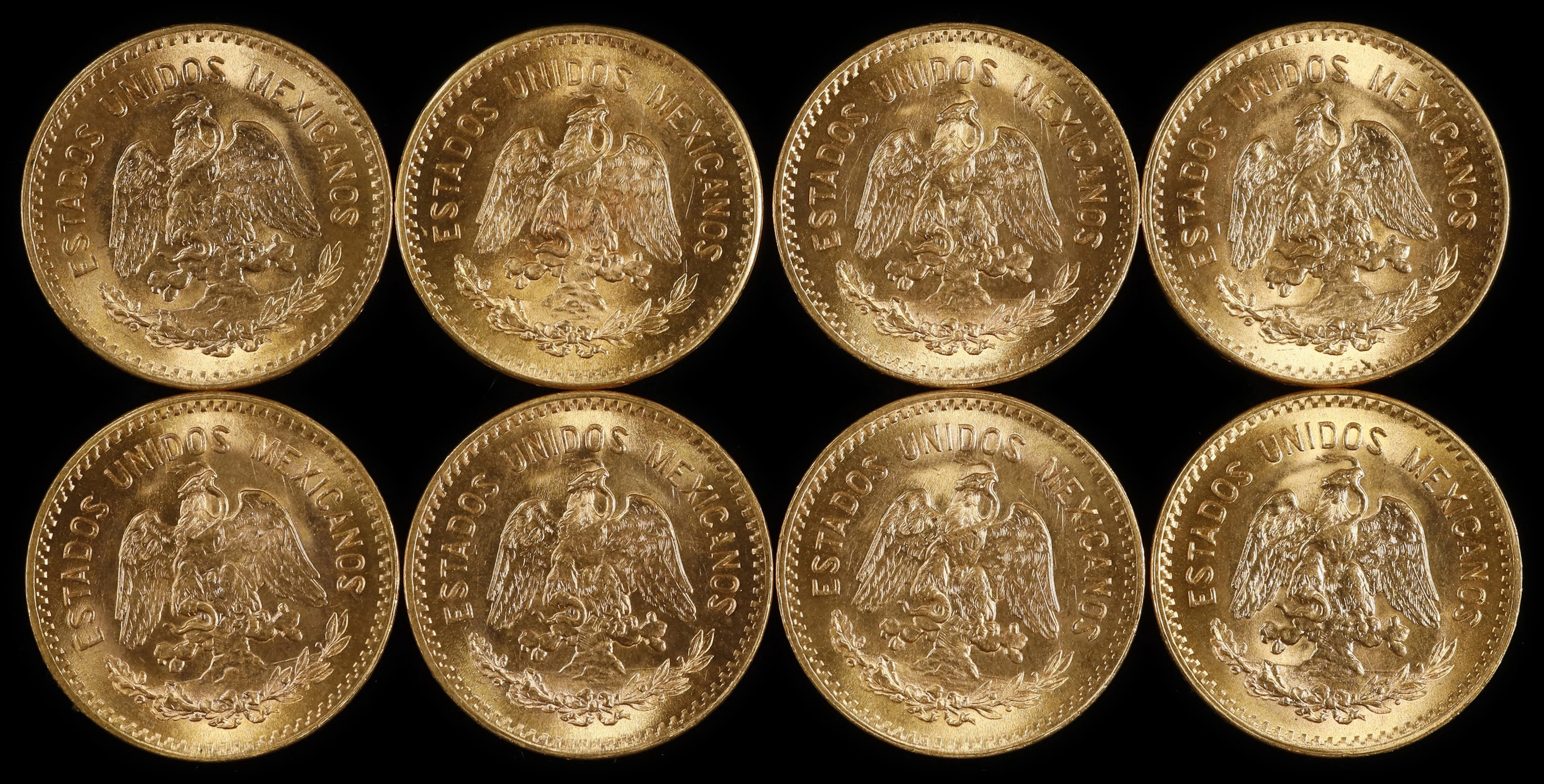 (1.928 oz, 59.969 g AGW). Mexico. Lot of (8) 1959 Gold 10 Pesos.