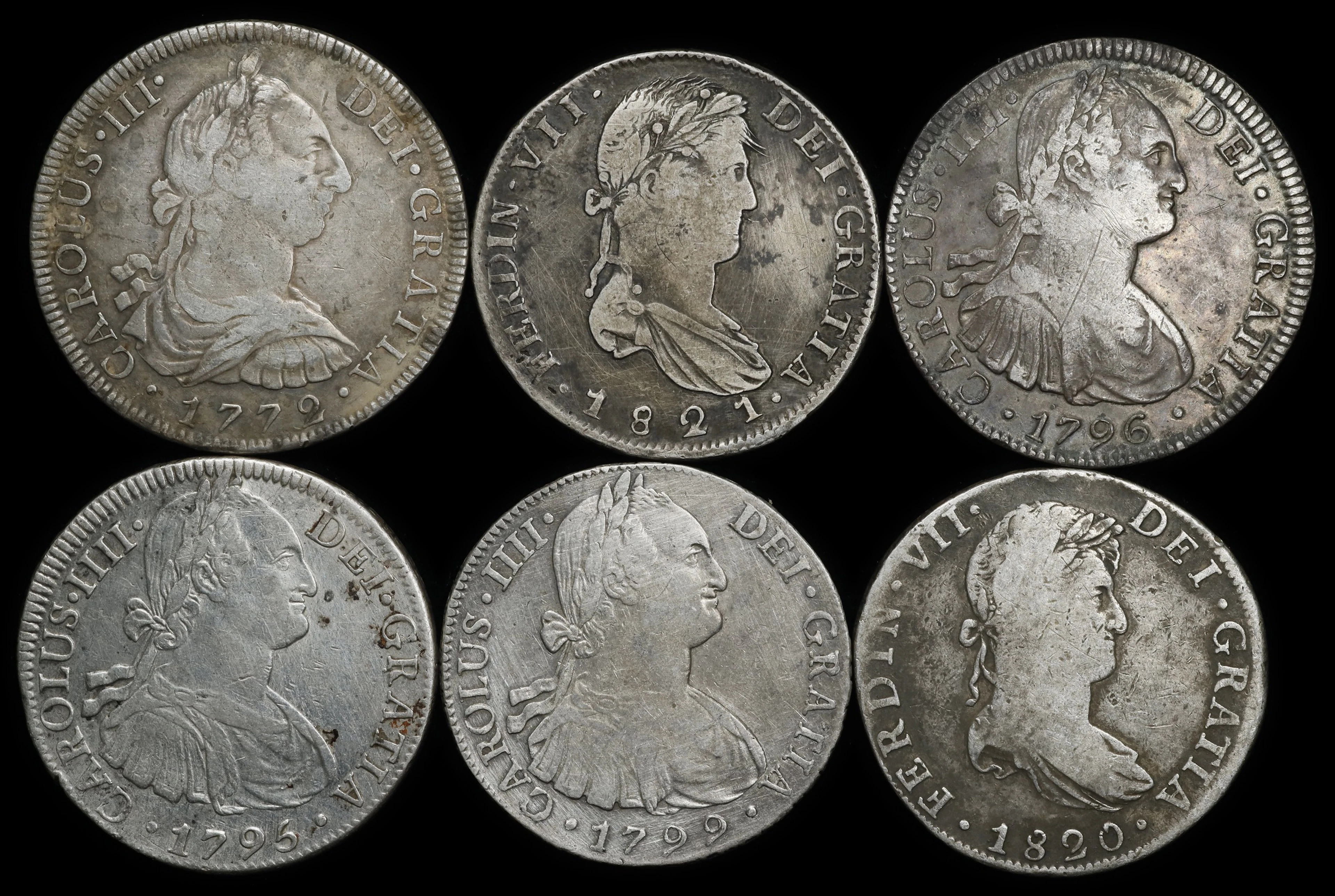 SPANISH COLONIAL. Sextet of 8 Reales (6 Pieces), 1772-1821. Average