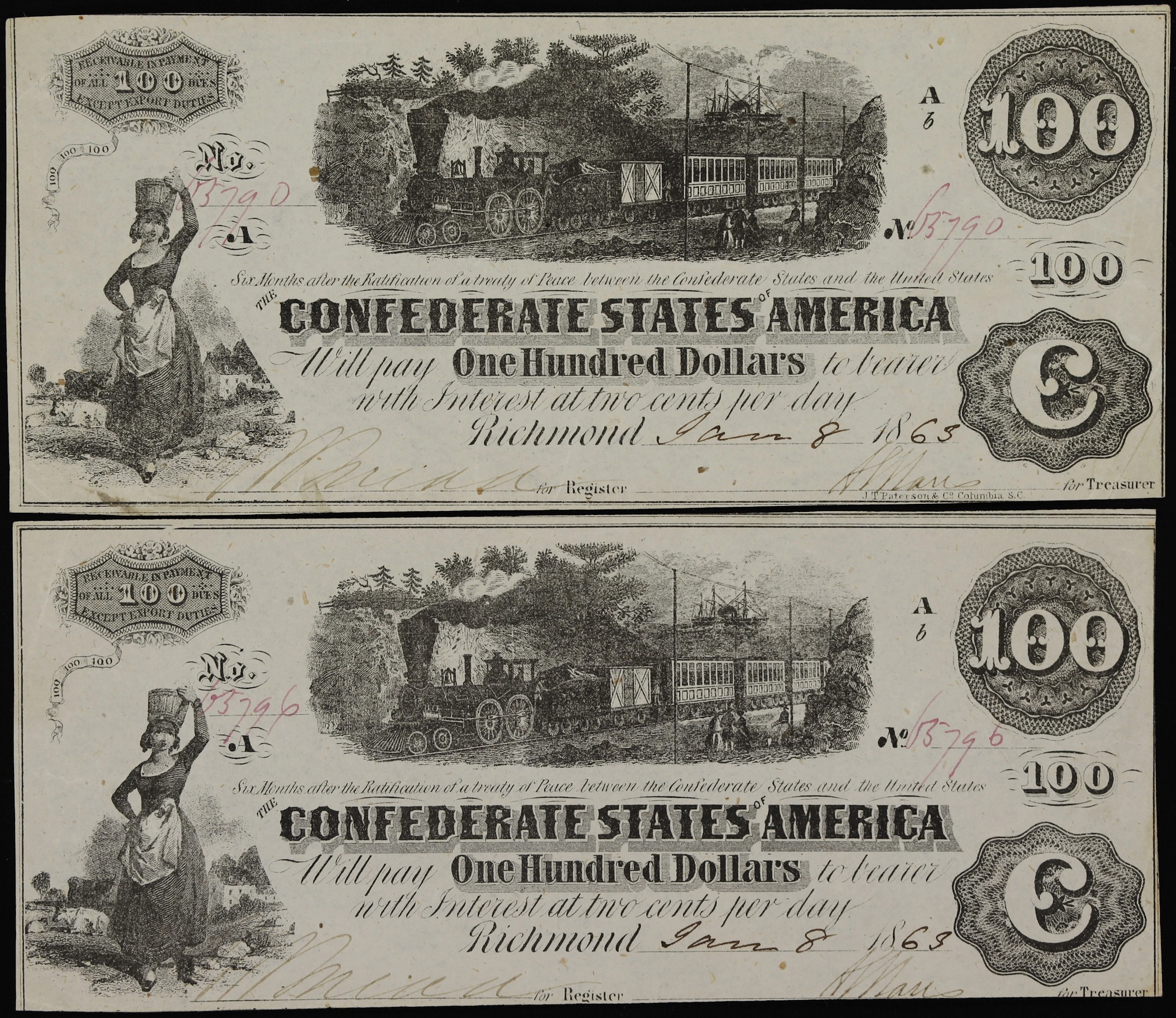 Lot of (2) T-40. Confederate Currency. 1863 $100. Very Fine to Extremely Fine.