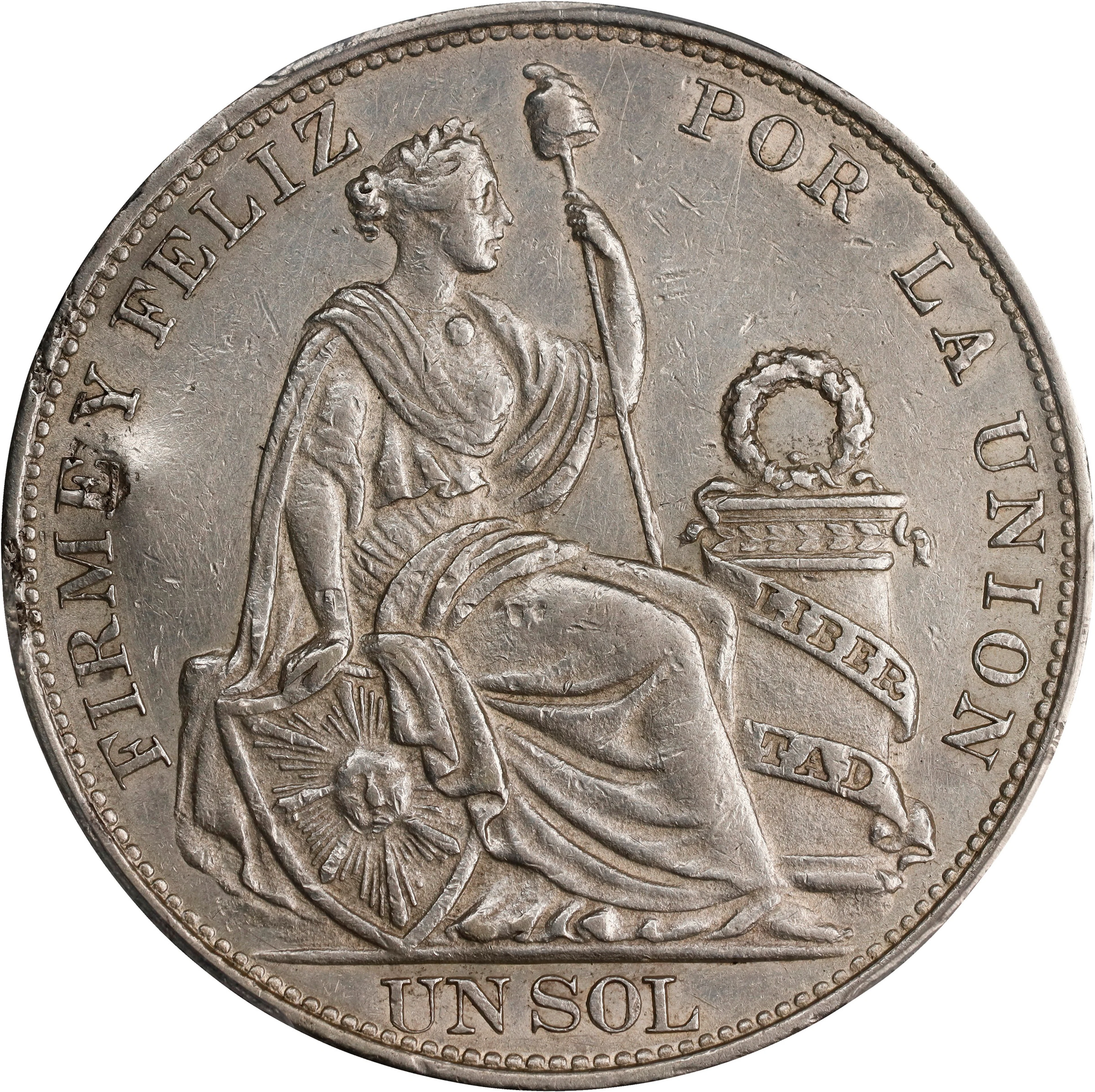 PERU. Sol, 1896-F. Lima Mint. PCGS Genuine--Chopmark, AU Details.