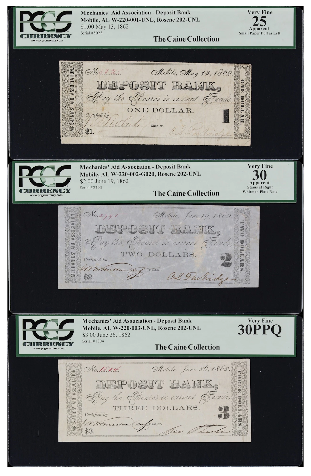 Lot of (3) Mobile, Alabama. Mechanics' Aid Association - Deposit Bank.