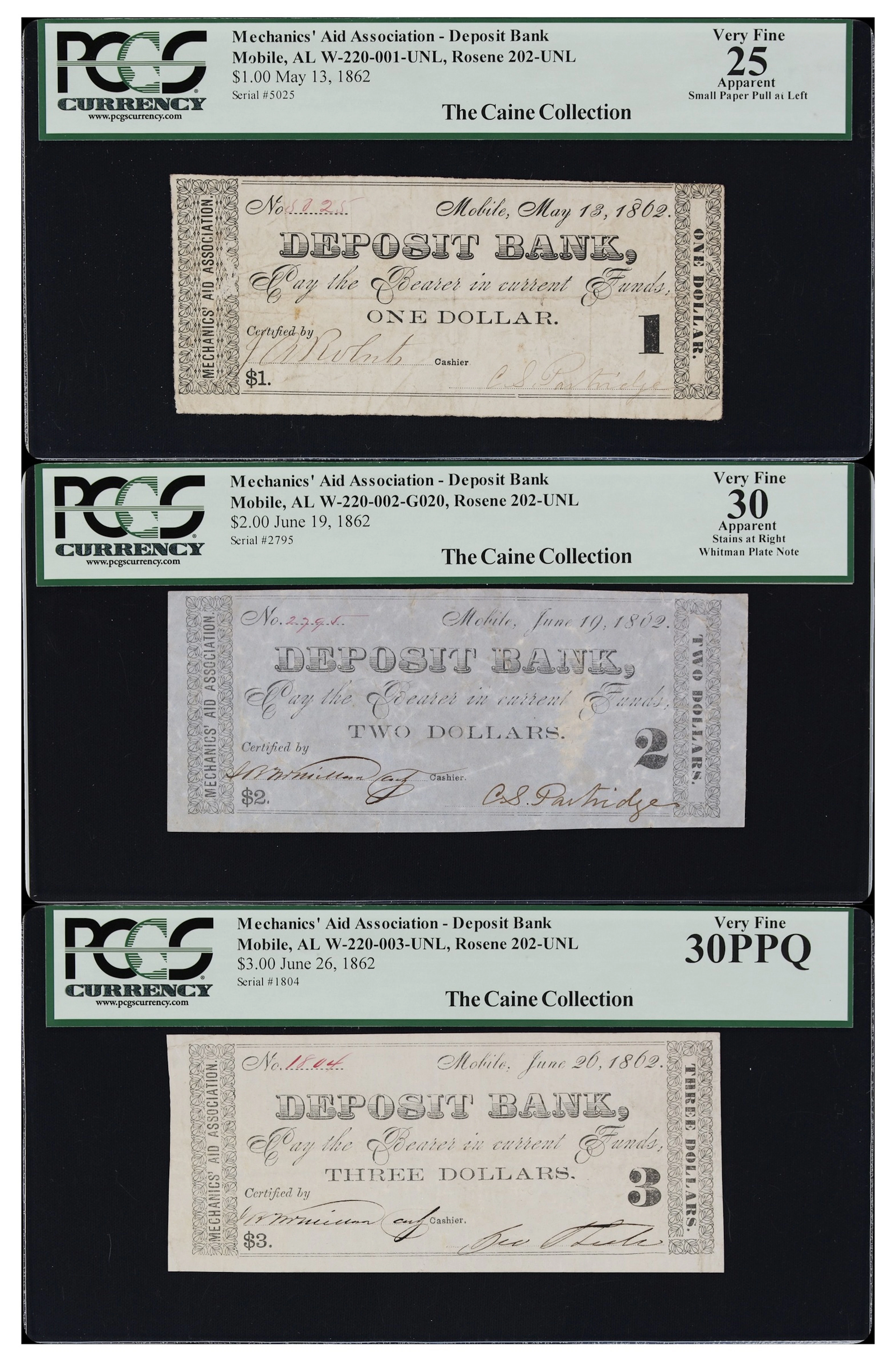 Lot of (3) Mobile, Alabama. Mechanics' Aid Association - Deposit Bank.