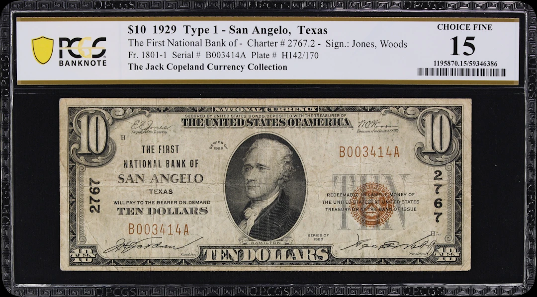 San Angelo, Texas. $10 1929 Ty. 1. Fr. 1801-1. First NB. Charter #2767.