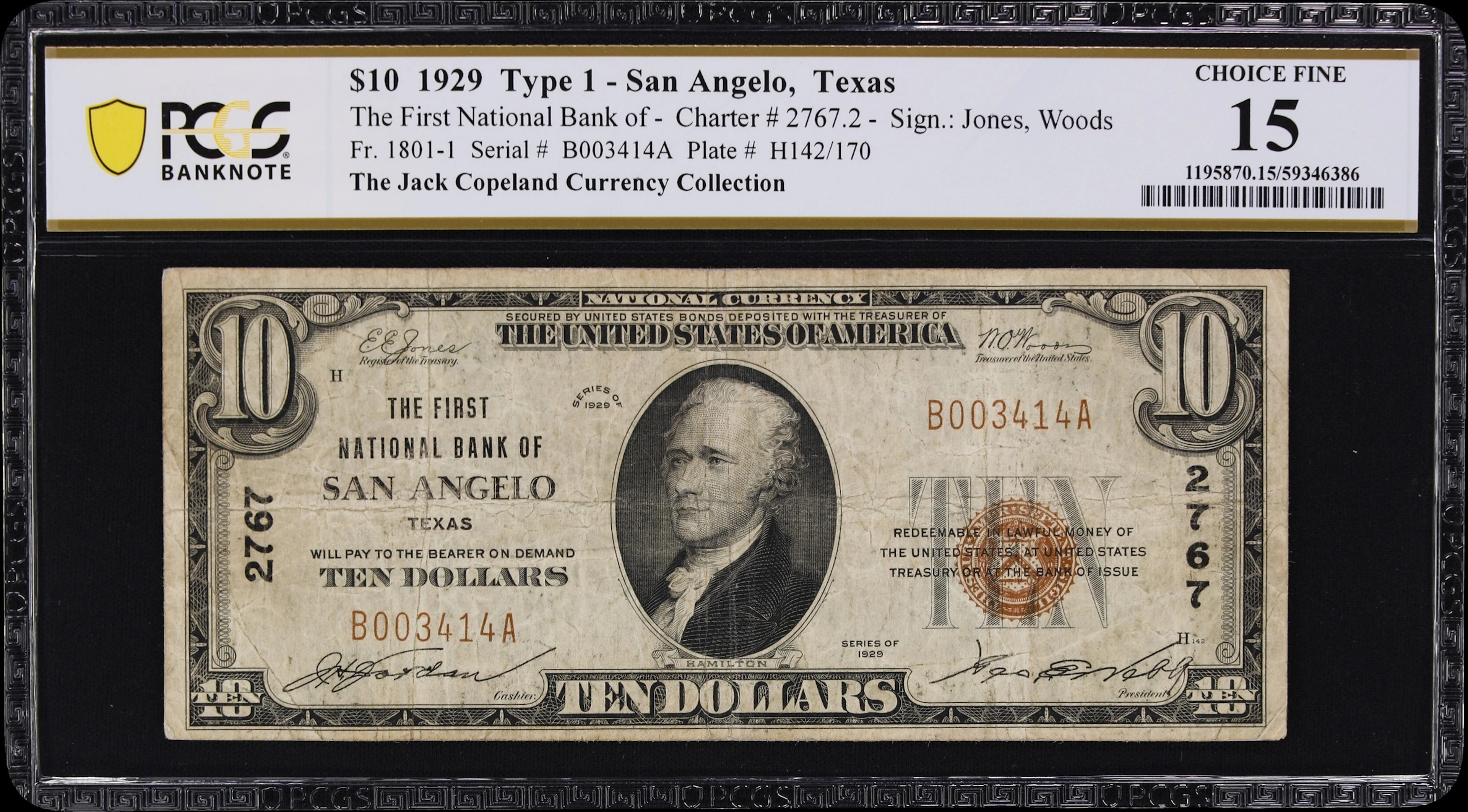 San Angelo, Texas. $10 1929 Ty. 1. Fr. 1801-1. First NB. Charter #2767.