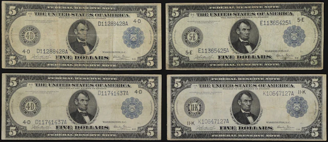 Lot of (4) Fr. 857, 861 & 885. 1914 $5 Federal Reserve Notes. Fine