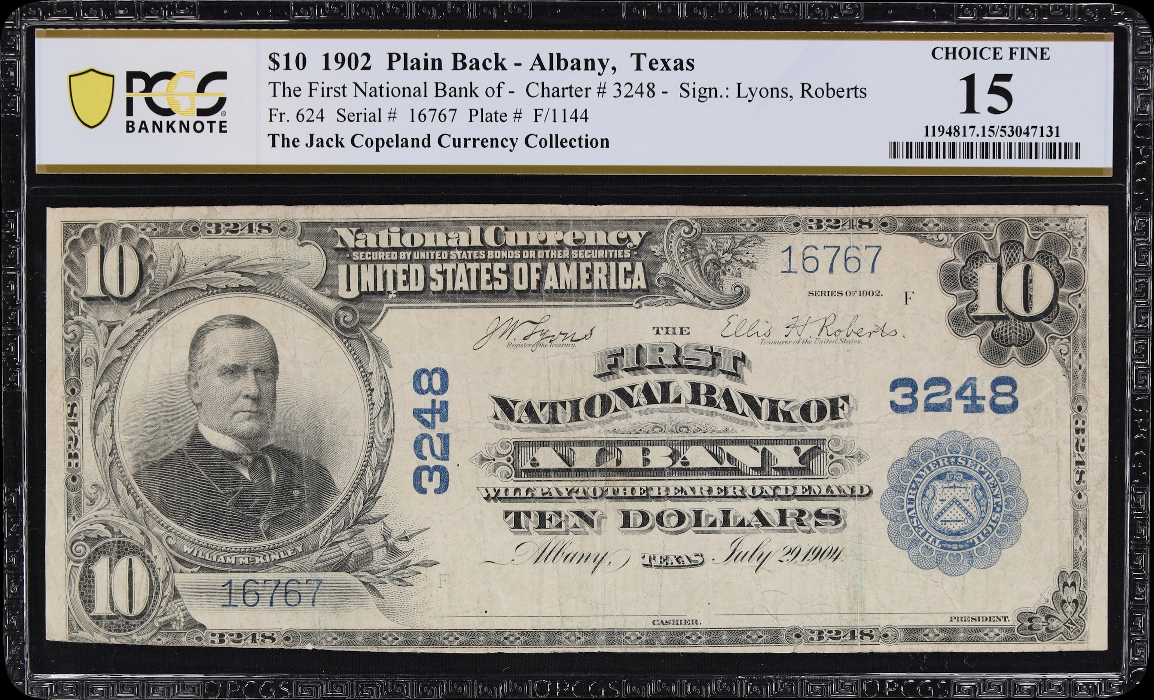 Albany, Texas. $10 1902 Plain Back. Fr. 624. First NB. Charter #3248.