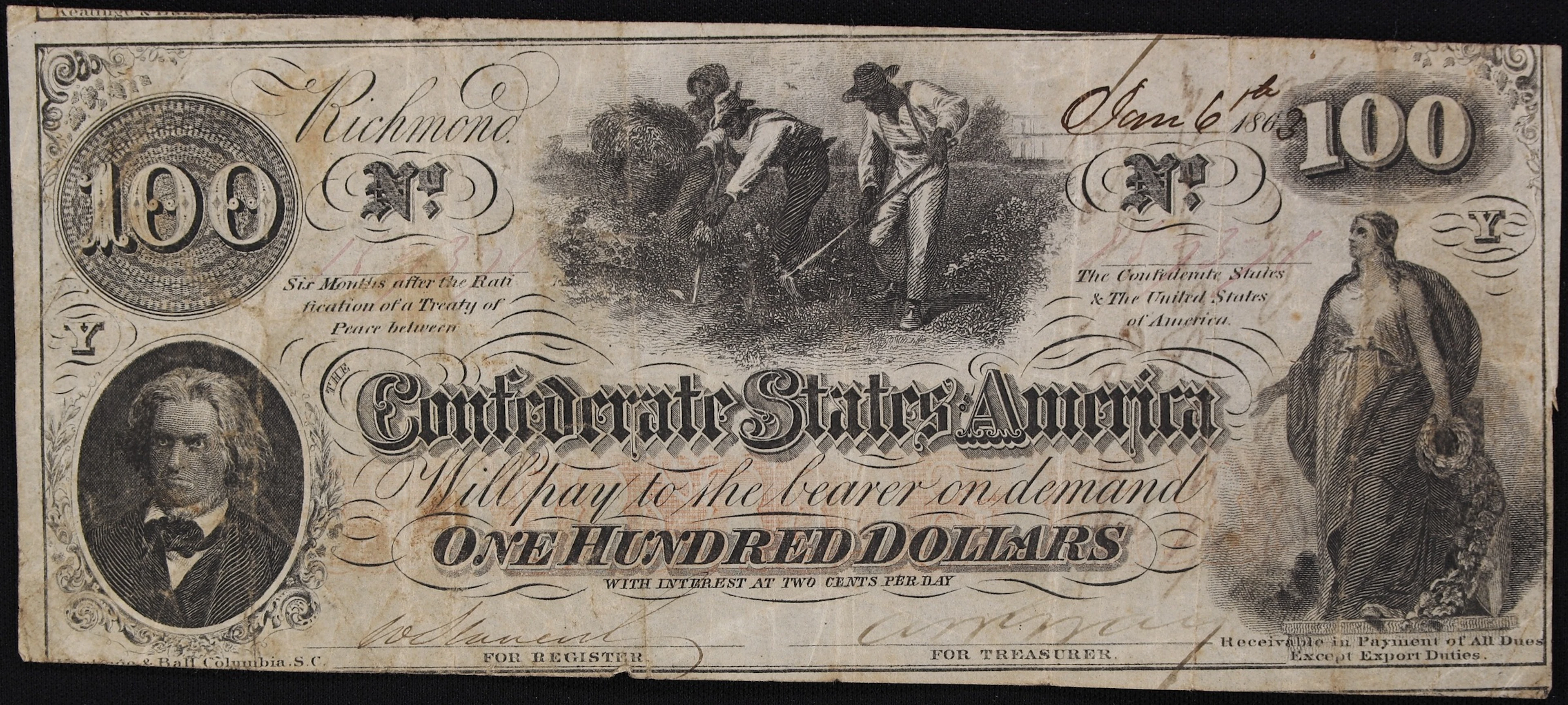 T-41. Confederate Currency. 1863 $100. Very Fine. Penned Military