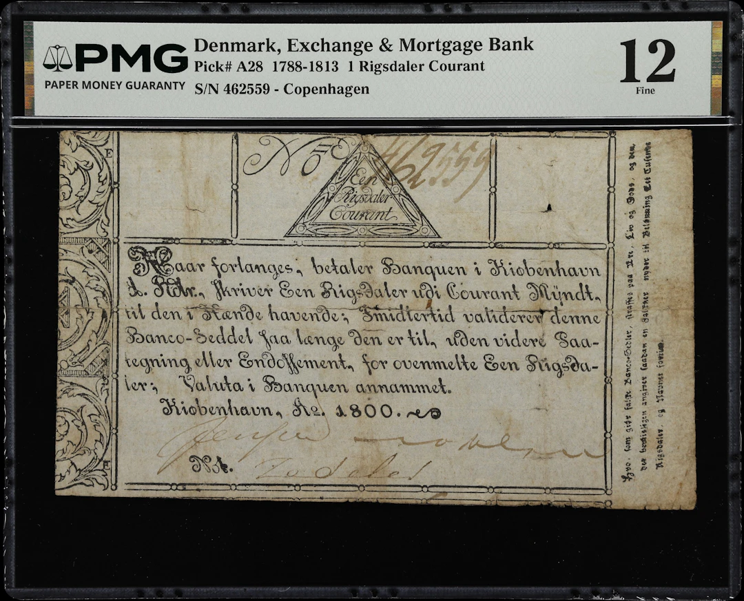 (◊) DENMARK. Exchange & Mortgage Bank. 1 Rigsdaler Courant, 1800.