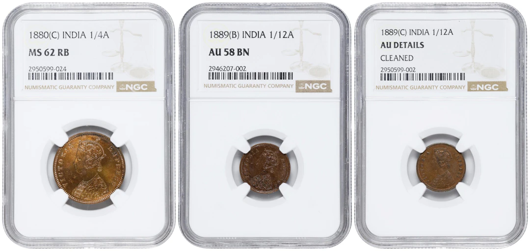 INDIA. Trio of Minor Denominations (3 Pieces), 1880 & 1889. Victoria.