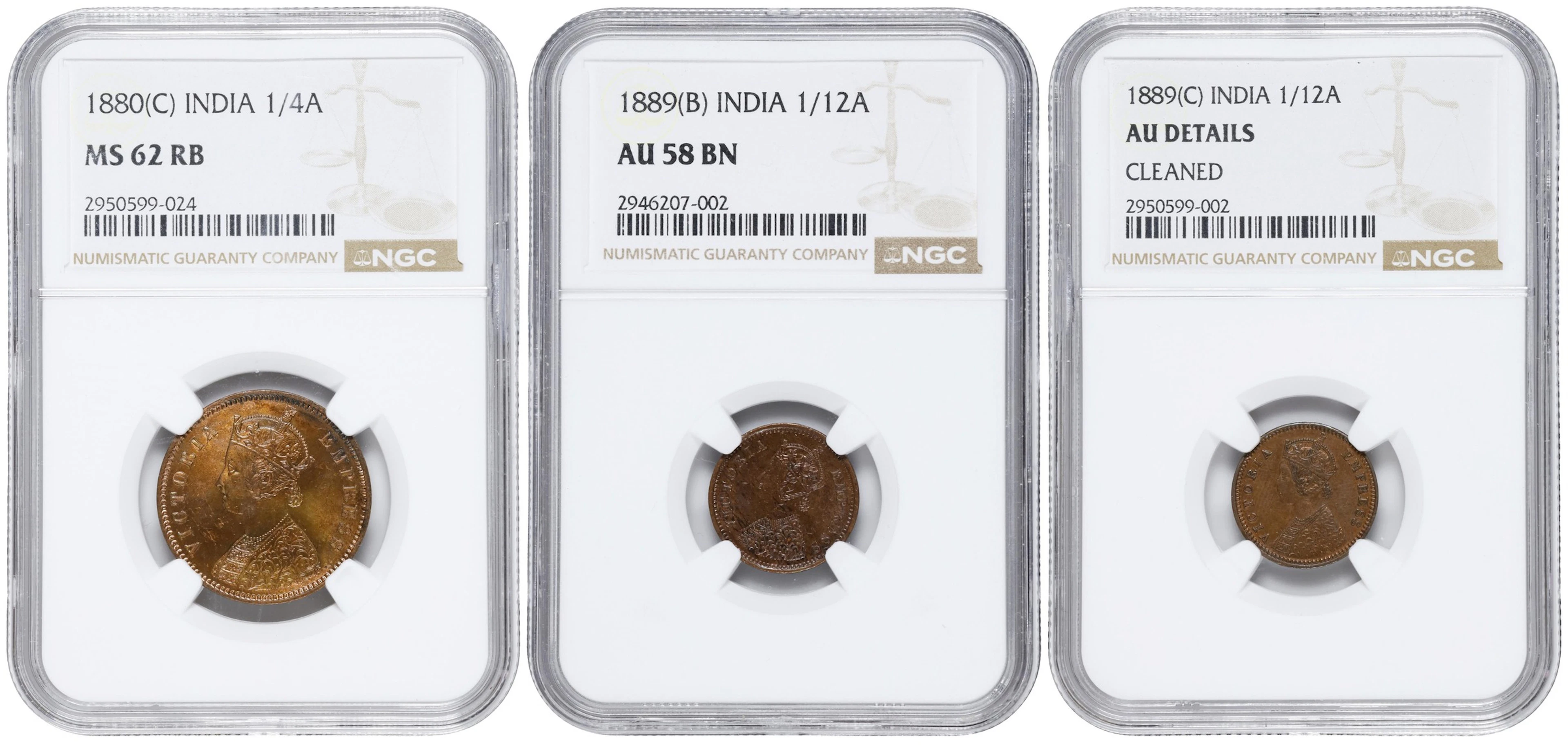 INDIA. Trio of Minor Denominations (3 Pieces), 1880 & 1889. Victoria.