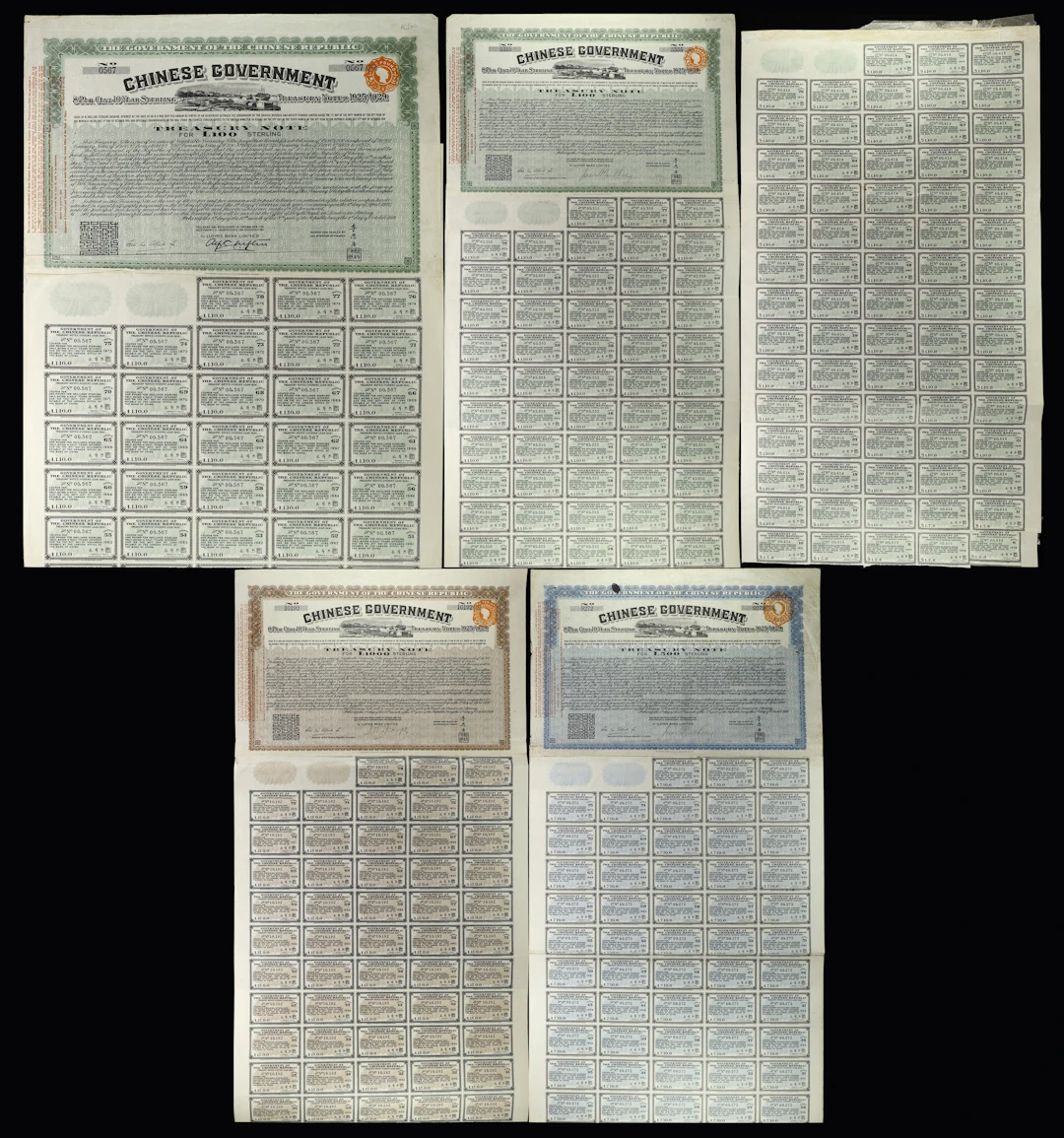 CHINA--REPUBLIC. Lot of (4). 1919 8% Chinese Government 10 Years Sterling