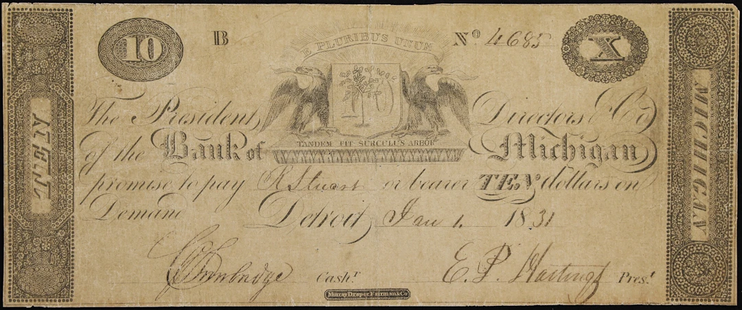 Detroit, Michigan Territory. Bank of Michigan. 1831 $10. Fine to Very Fine.