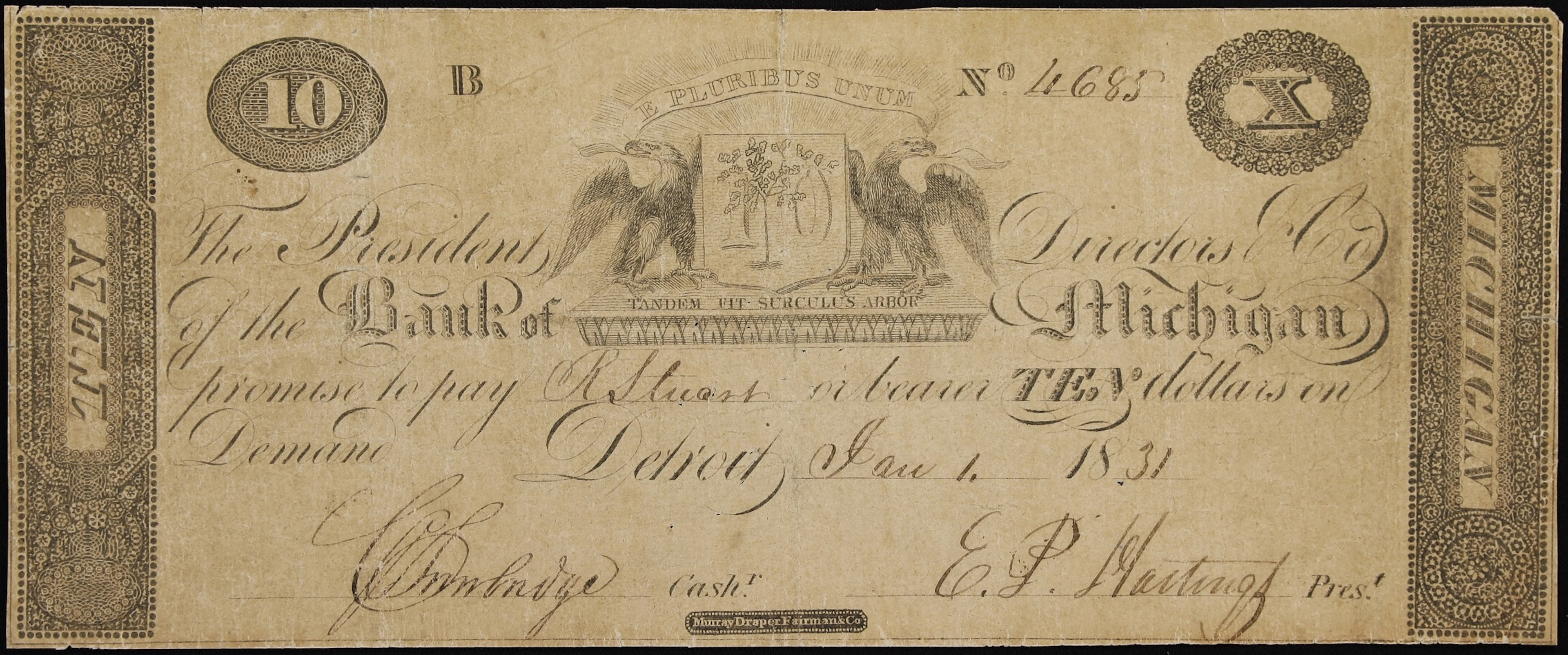 Detroit, Michigan Territory. Bank of Michigan. 1831 $10. Fine to Very Fine.