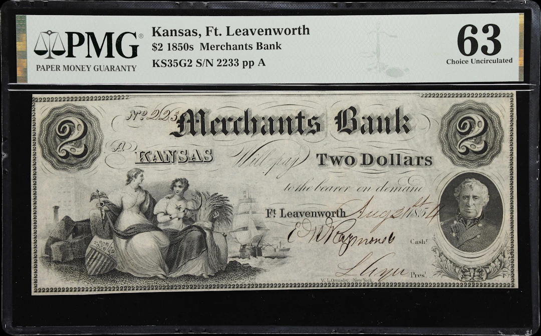 Fort Leavenworth, Territory of Kansas. Merchants Bank. 1854 $2. PMG