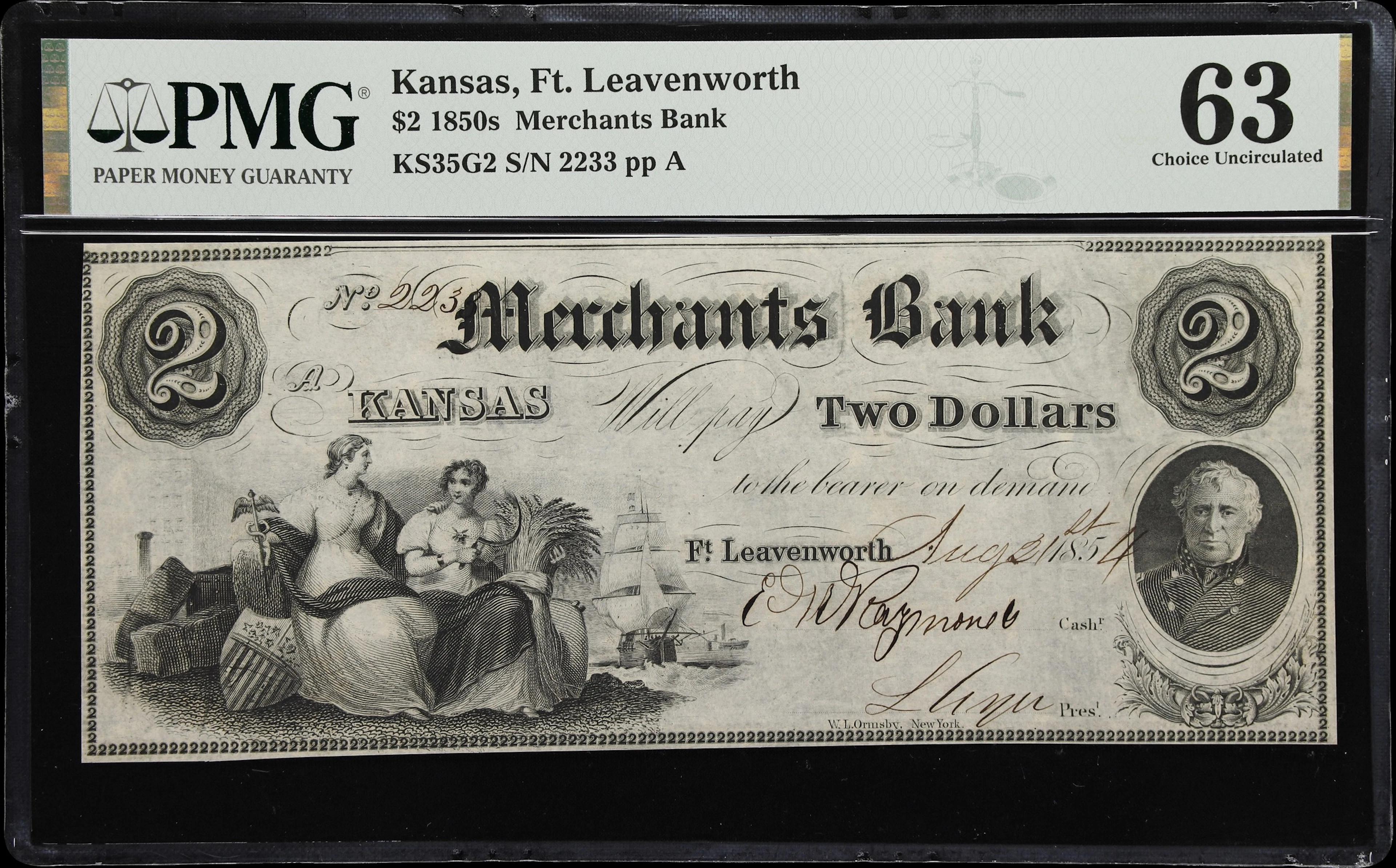 Fort Leavenworth, Territory of Kansas. Merchants Bank. 1854 $2. PMG