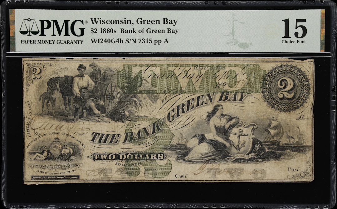 Green Bay, Wisconsin. Bank of Green Bay. 186x $2. PMG Choice Fine 15.