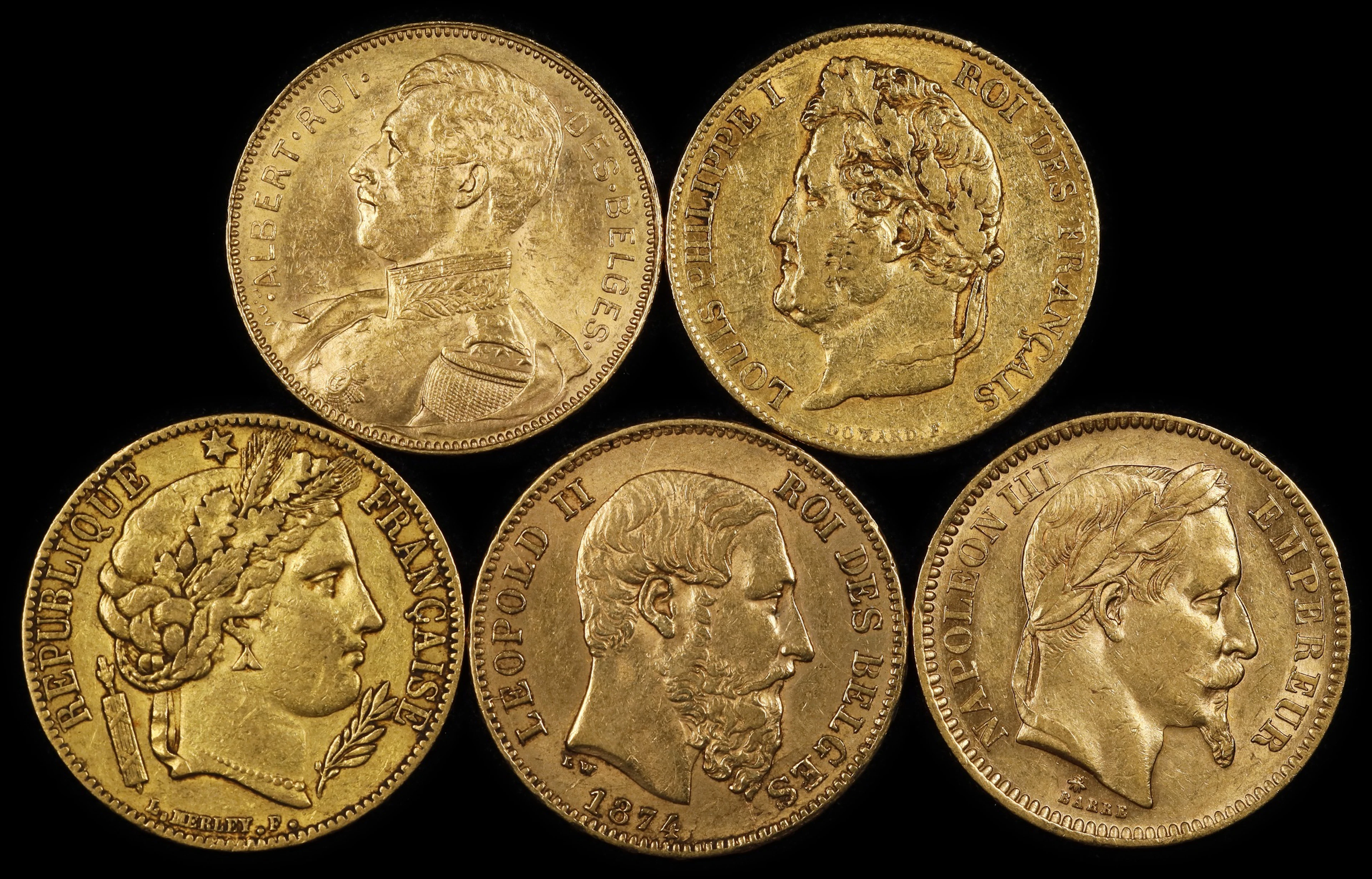 (0.935 oz, 29.082 g AGW). Mixed World. Lot of (5) Mixed Date Gold 20 Francs.