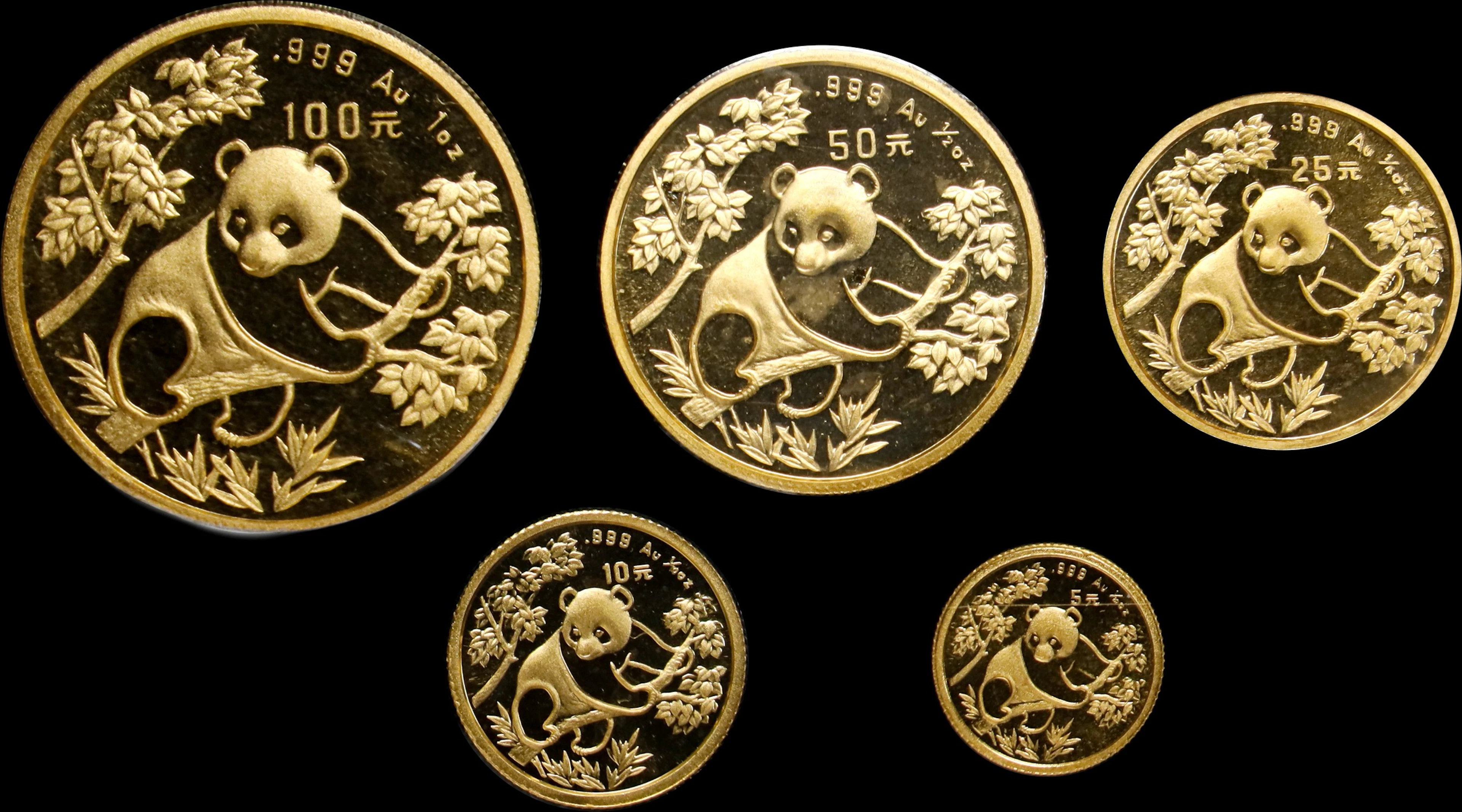 (t) CHINA. Gold Mint Set (5 Pieces), 1992. Panda Series. GEM UNCIRCULATED.
