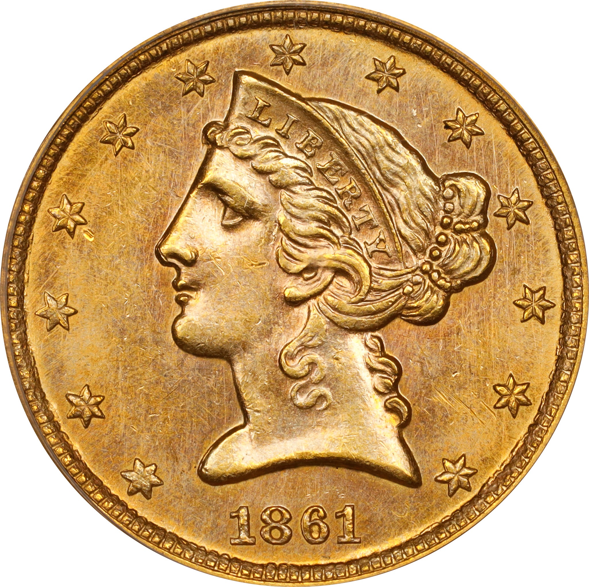 1861-C Liberty Head Half Eagle. Winter-1. MS-63 (PCGS). CAC.